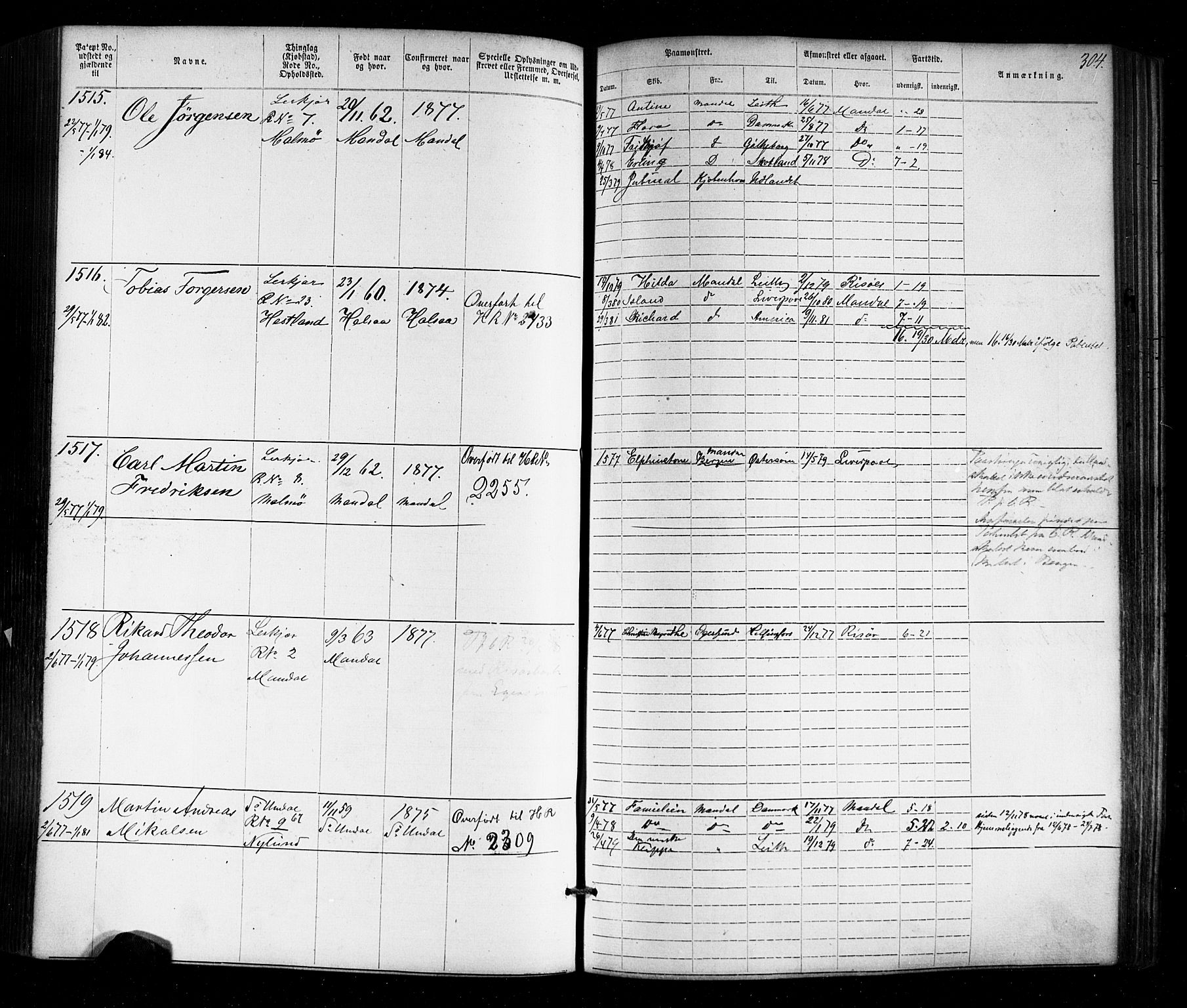 Mandal mønstringskrets, SAK/2031-0016/F/Fa/L0005: Annotasjonsrulle nr 1-1909 med register, Y-15, 1868-1880, p. 347