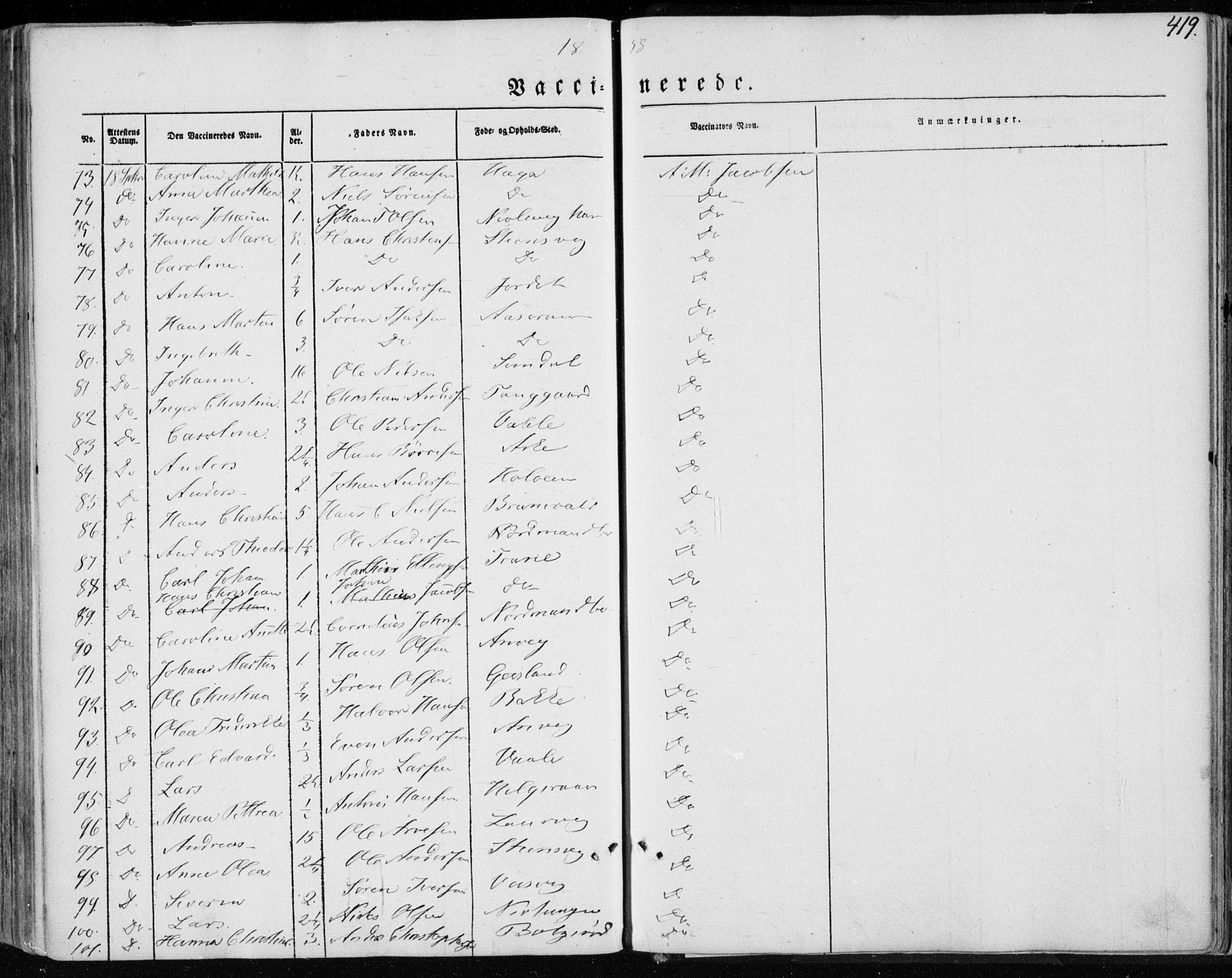 Brunlanes kirkebøker, AV/SAKO-A-342/F/Fa/L0004: Parish register (official) no. I 4, 1846-1862, p. 419