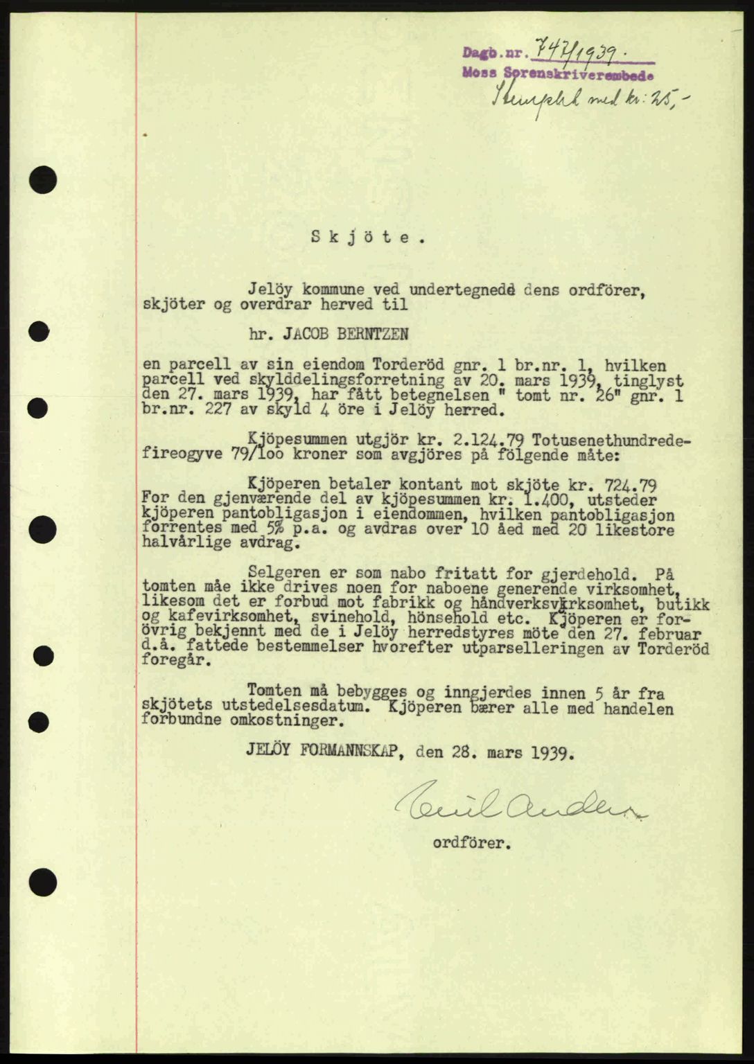 Moss sorenskriveri, SAO/A-10168: Mortgage book no. A5, 1938-1939, Diary no: : 747/1939