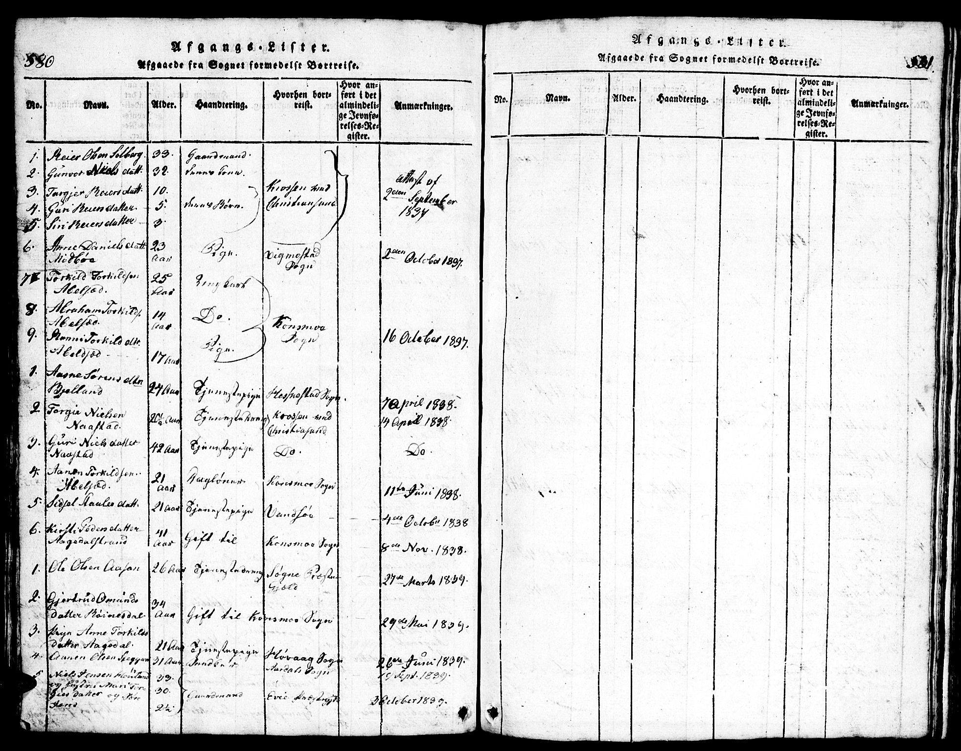 Bjelland sokneprestkontor, SAK/1111-0005/F/Fb/Fba/L0003: Parish register (copy) no. B 3, 1816-1870, p. 580-581