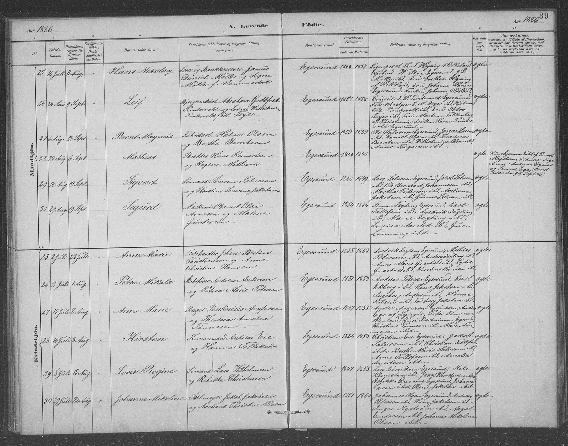Eigersund sokneprestkontor, AV/SAST-A-101807/S09/L0008: Parish register (copy) no. B 8, 1882-1892, p. 39
