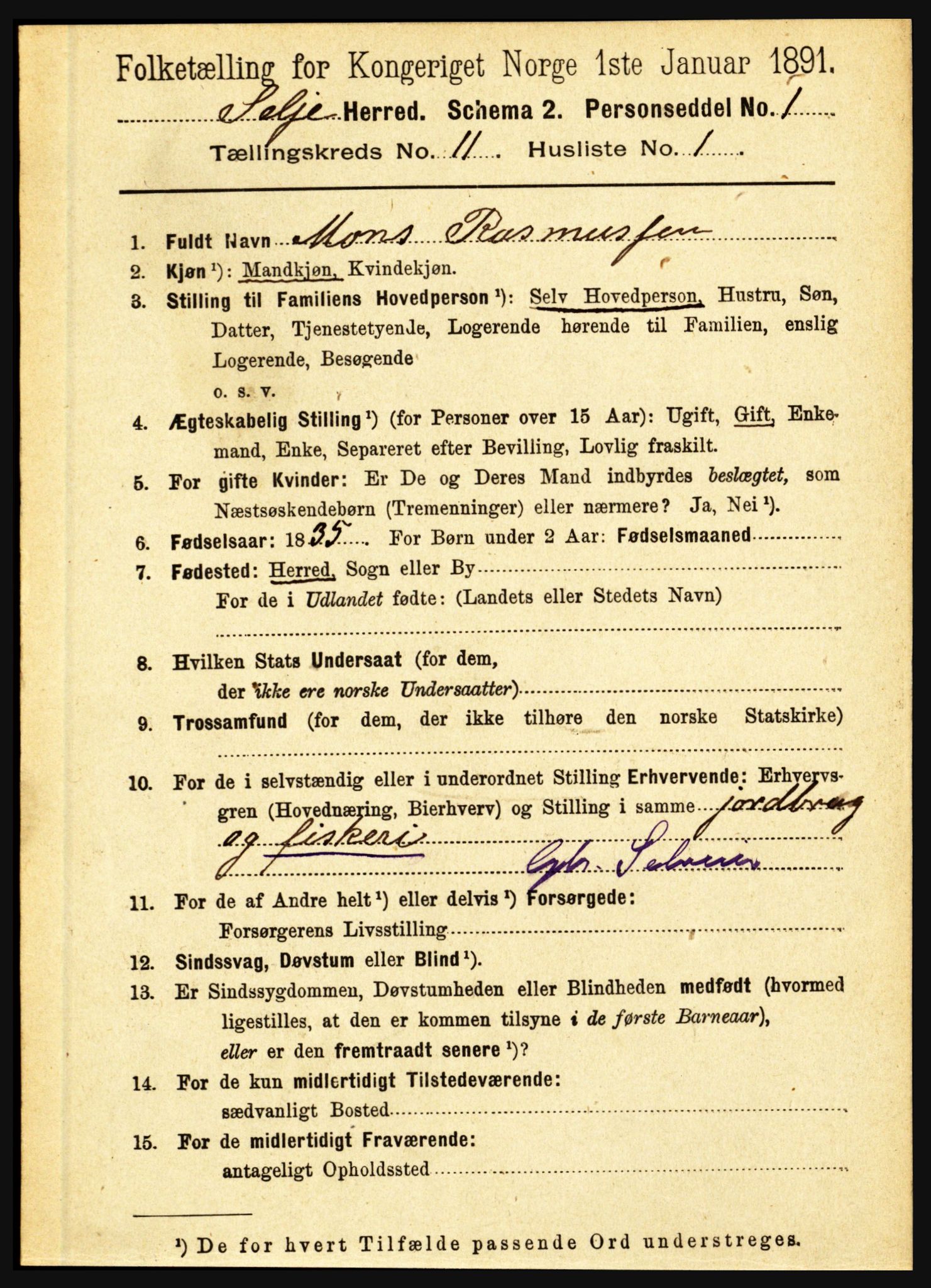 RA, 1891 census for 1441 Selje, 1891, p. 3415