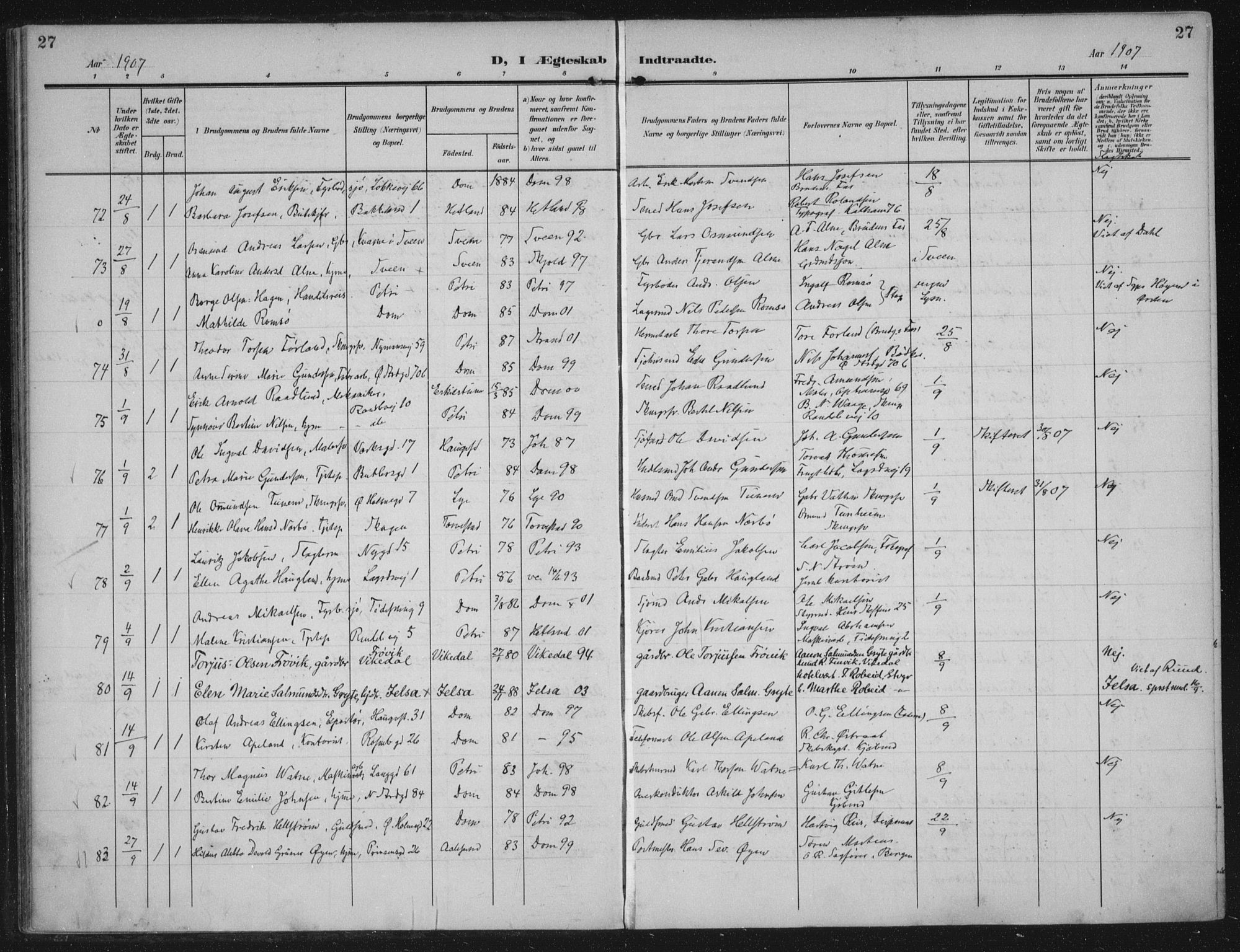 Domkirken sokneprestkontor, AV/SAST-A-101812/002/A/L0016: Parish register (official) no. A 33, 1905-1922, p. 27