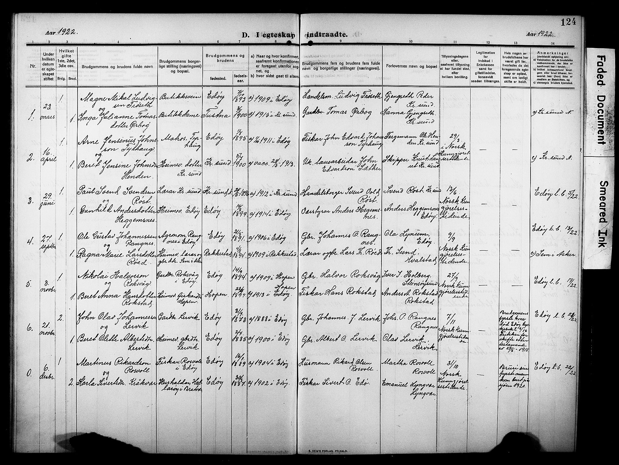 Ministerialprotokoller, klokkerbøker og fødselsregistre - Møre og Romsdal, AV/SAT-A-1454/581/L0943: Parish register (copy) no. 581C01, 1909-1931, p. 124