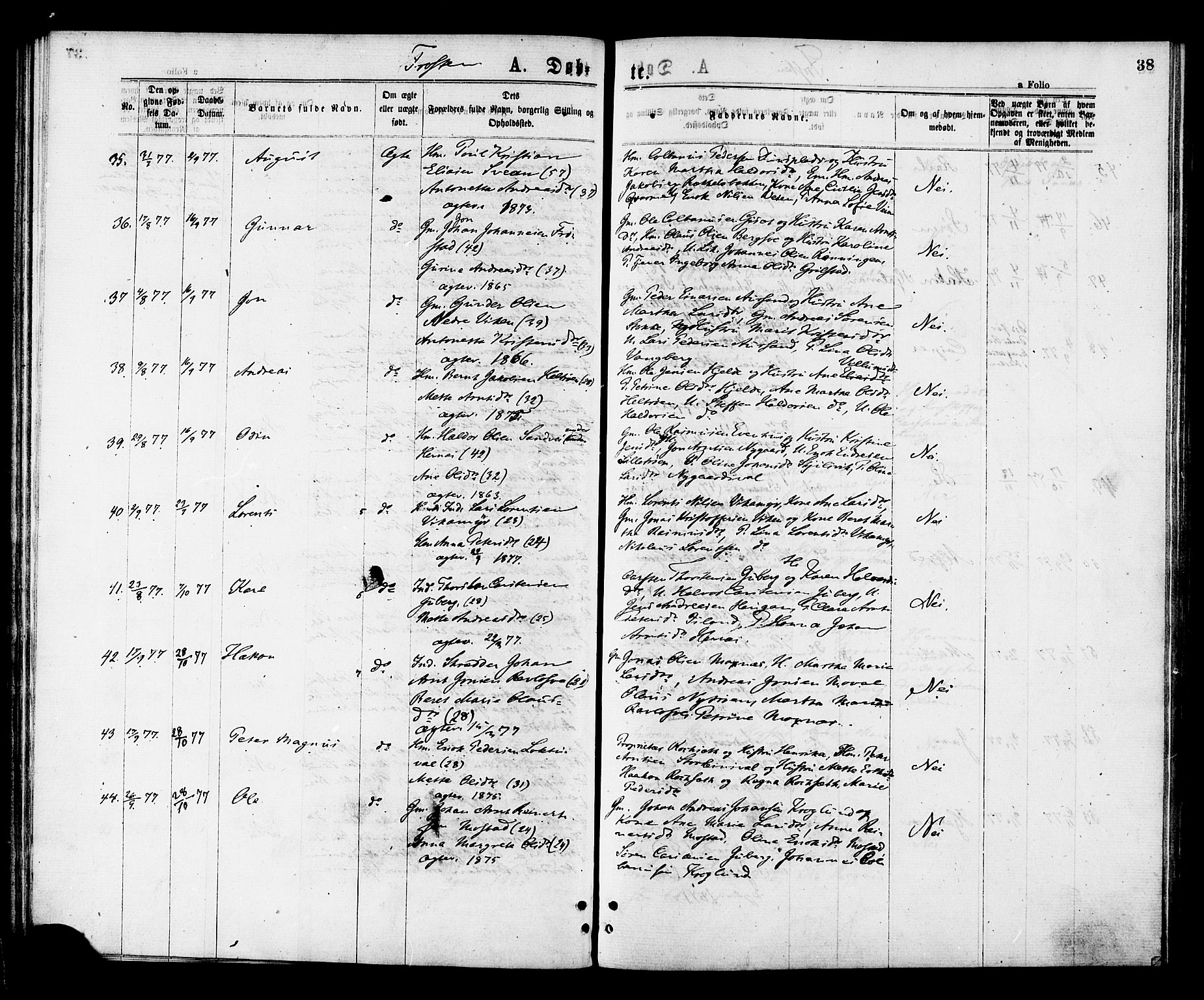 Ministerialprotokoller, klokkerbøker og fødselsregistre - Nord-Trøndelag, AV/SAT-A-1458/713/L0118: Parish register (official) no. 713A08 /1, 1875-1877, p. 38