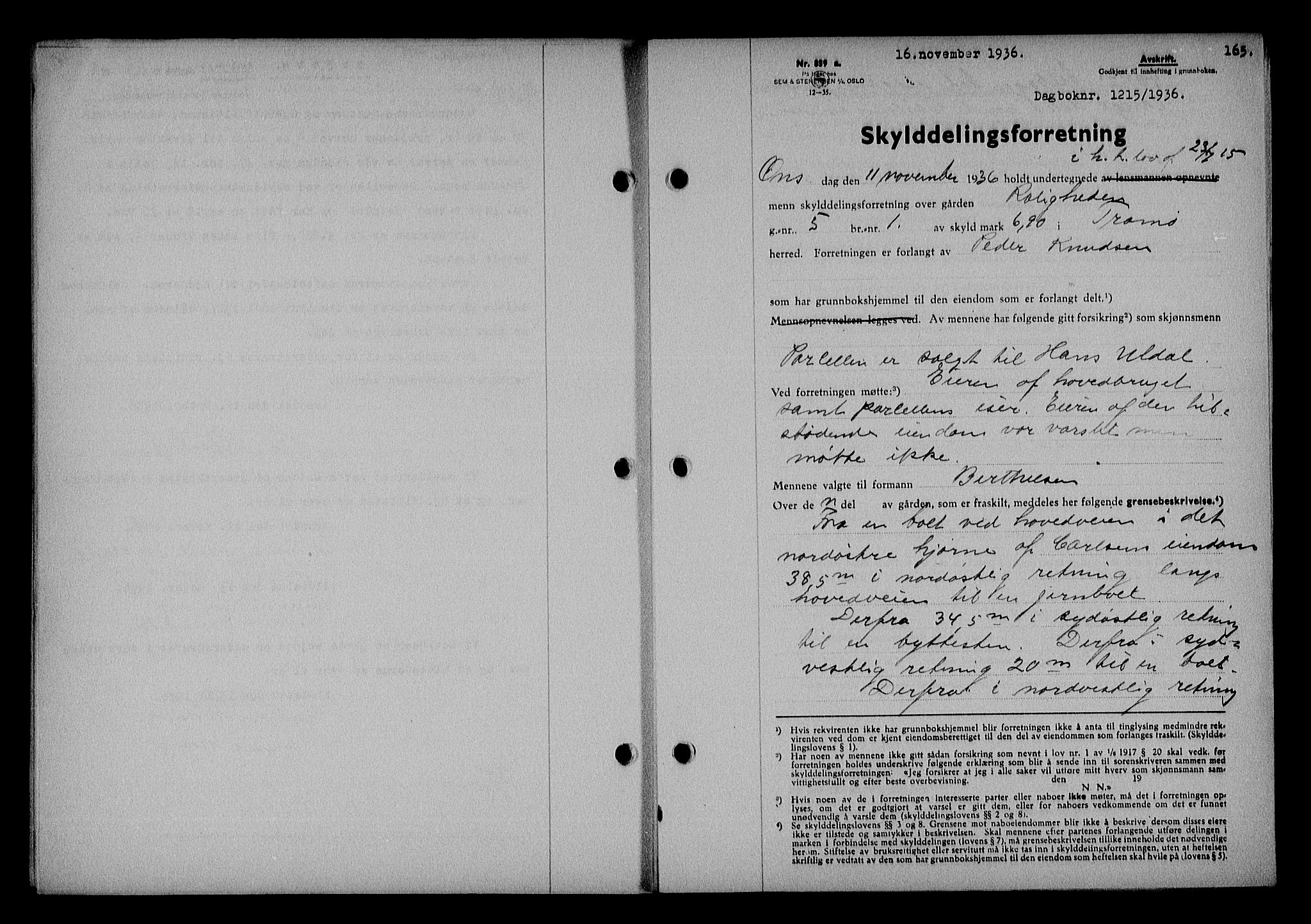 Nedenes sorenskriveri, SAK/1221-0006/G/Gb/Gba/L0043: Mortgage book no. 39, 1936-1937, Diary no: : 1215/1936