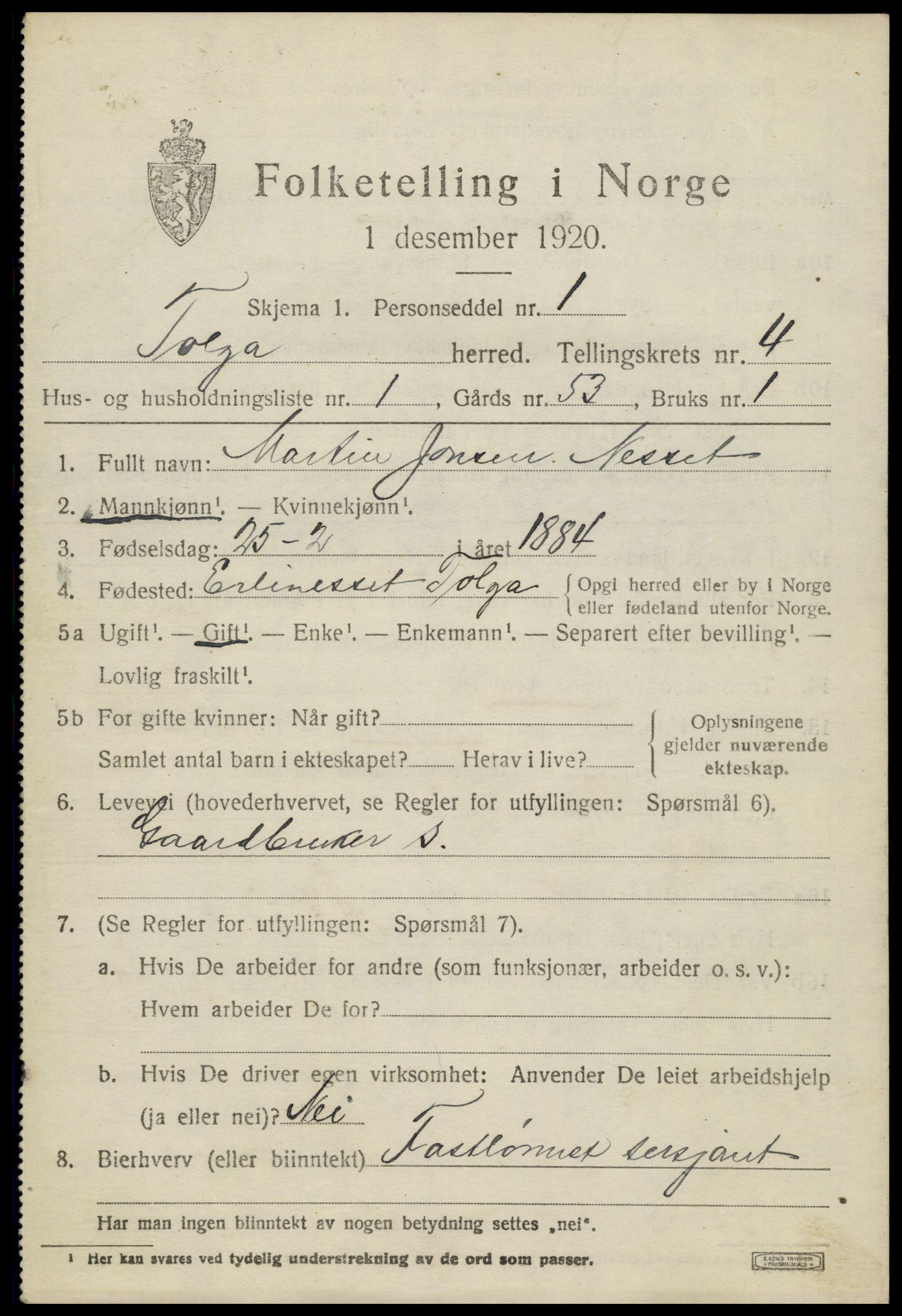 SAH, 1920 census for Tolga, 1920, p. 2589