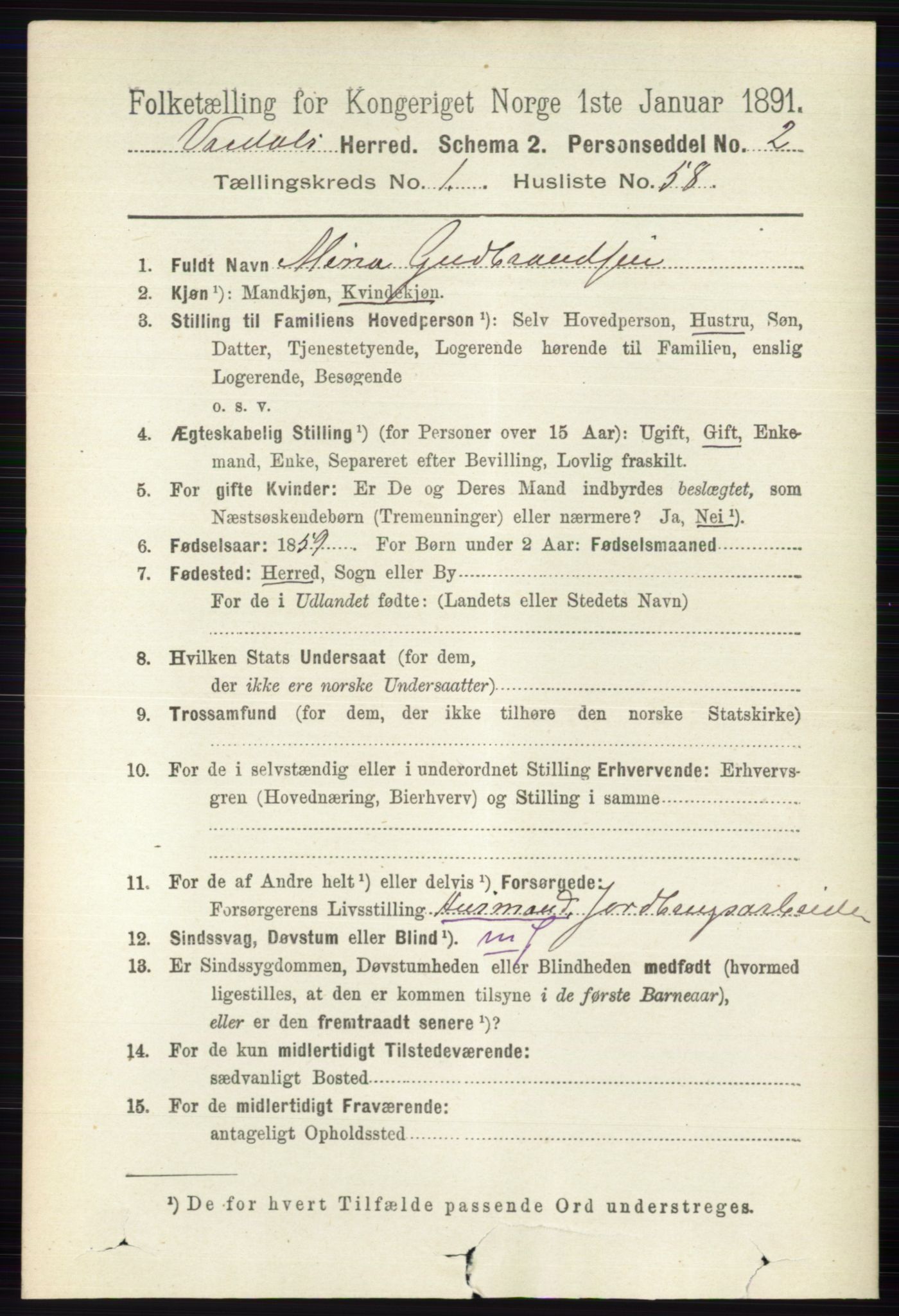 RA, 1891 census for 0527 Vardal, 1891, p. 460