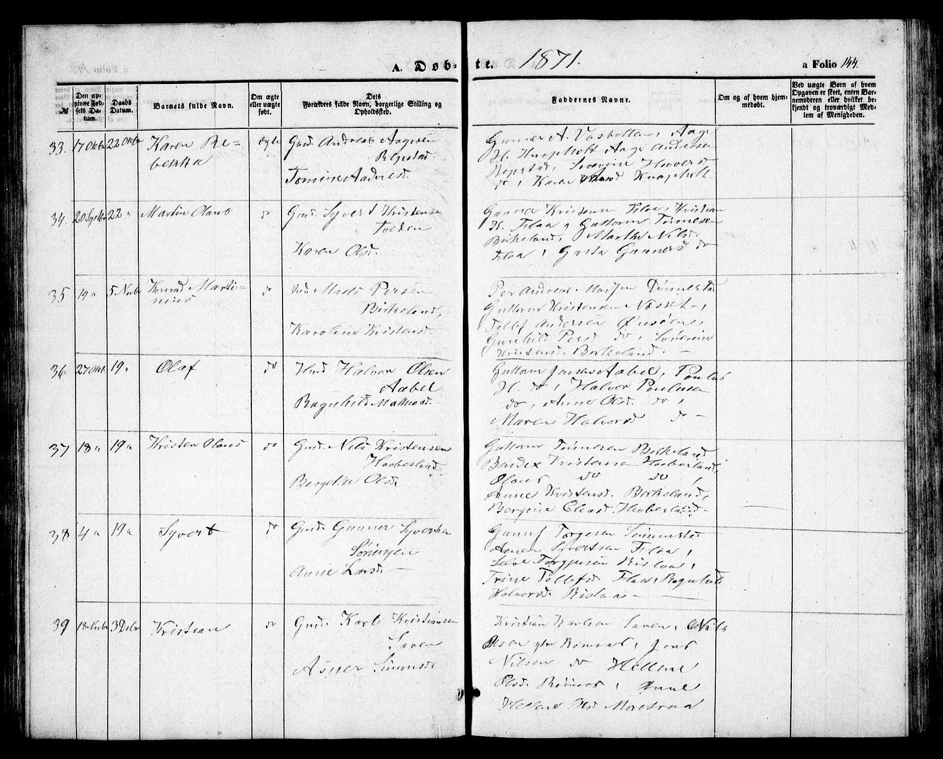 Birkenes sokneprestkontor, AV/SAK-1111-0004/F/Fb/L0002: Parish register (copy) no. B 2, 1849-1876, p. 144