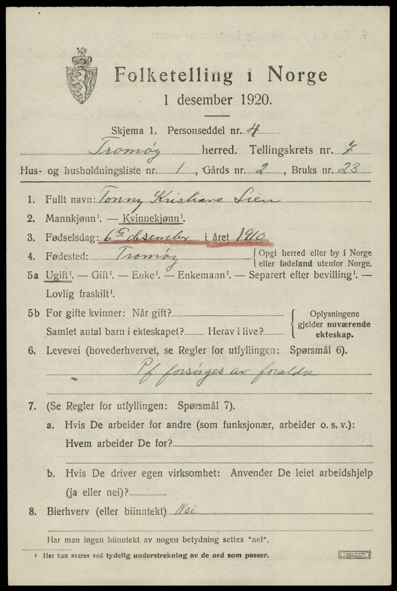 SAK, 1920 census for Tromøy, 1920, p. 4969