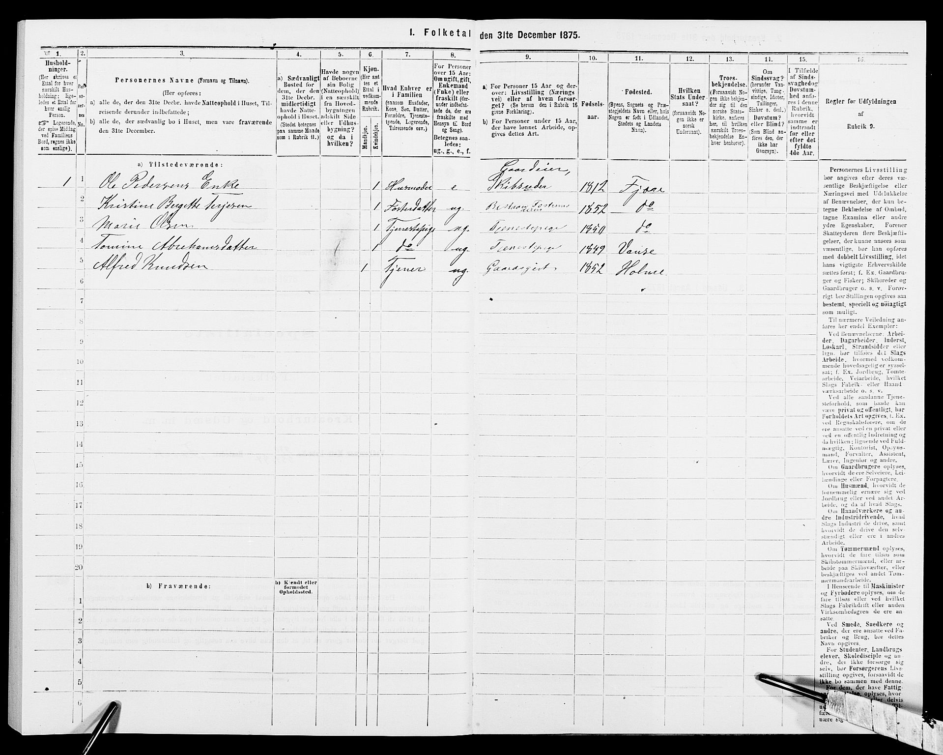 SAK, 1875 census for 0923L Fjære/Fjære, 1875, p. 1692