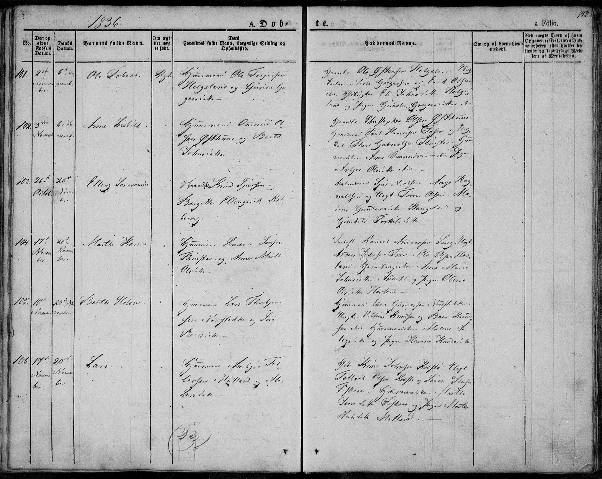 Avaldsnes sokneprestkontor, SAST/A -101851/H/Ha/Haa/L0005: Parish register (official) no. A 5.1, 1825-1841, p. 143