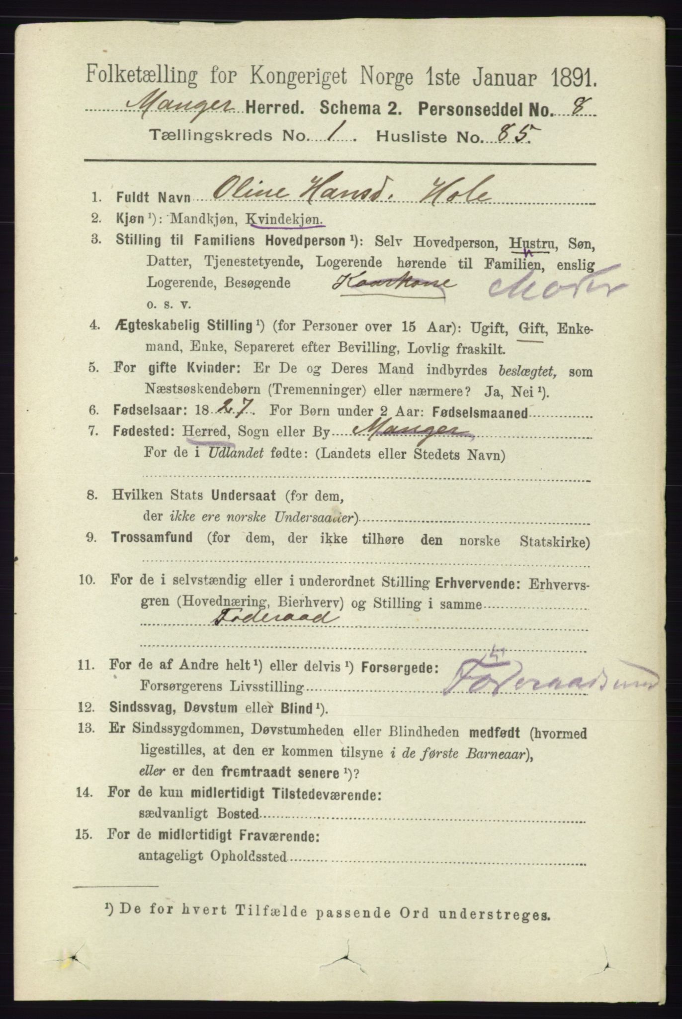 RA, 1891 census for 1261 Manger, 1891, p. 668