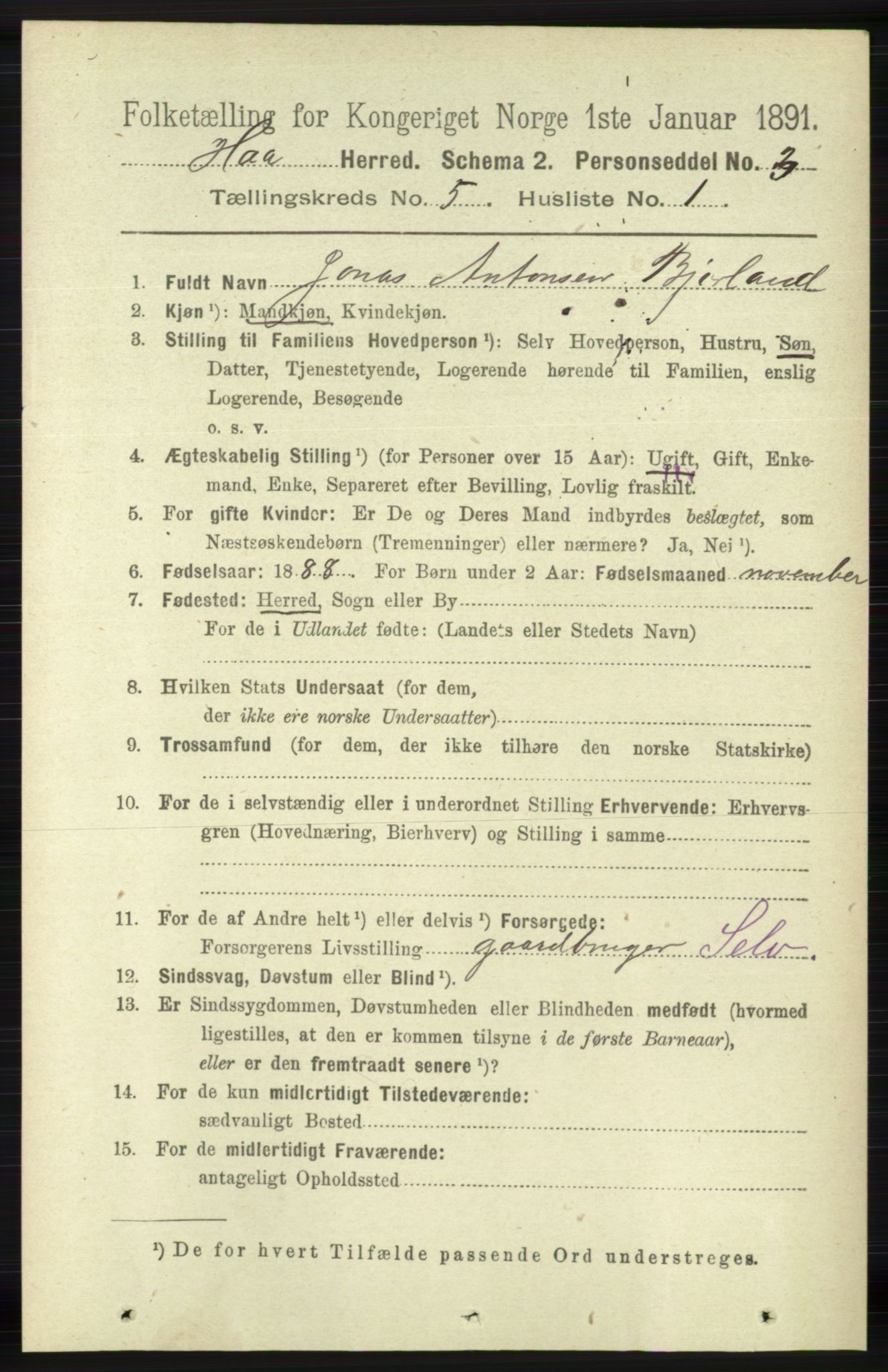 RA, 1891 census for 1119 Hå, 1891, p. 1345