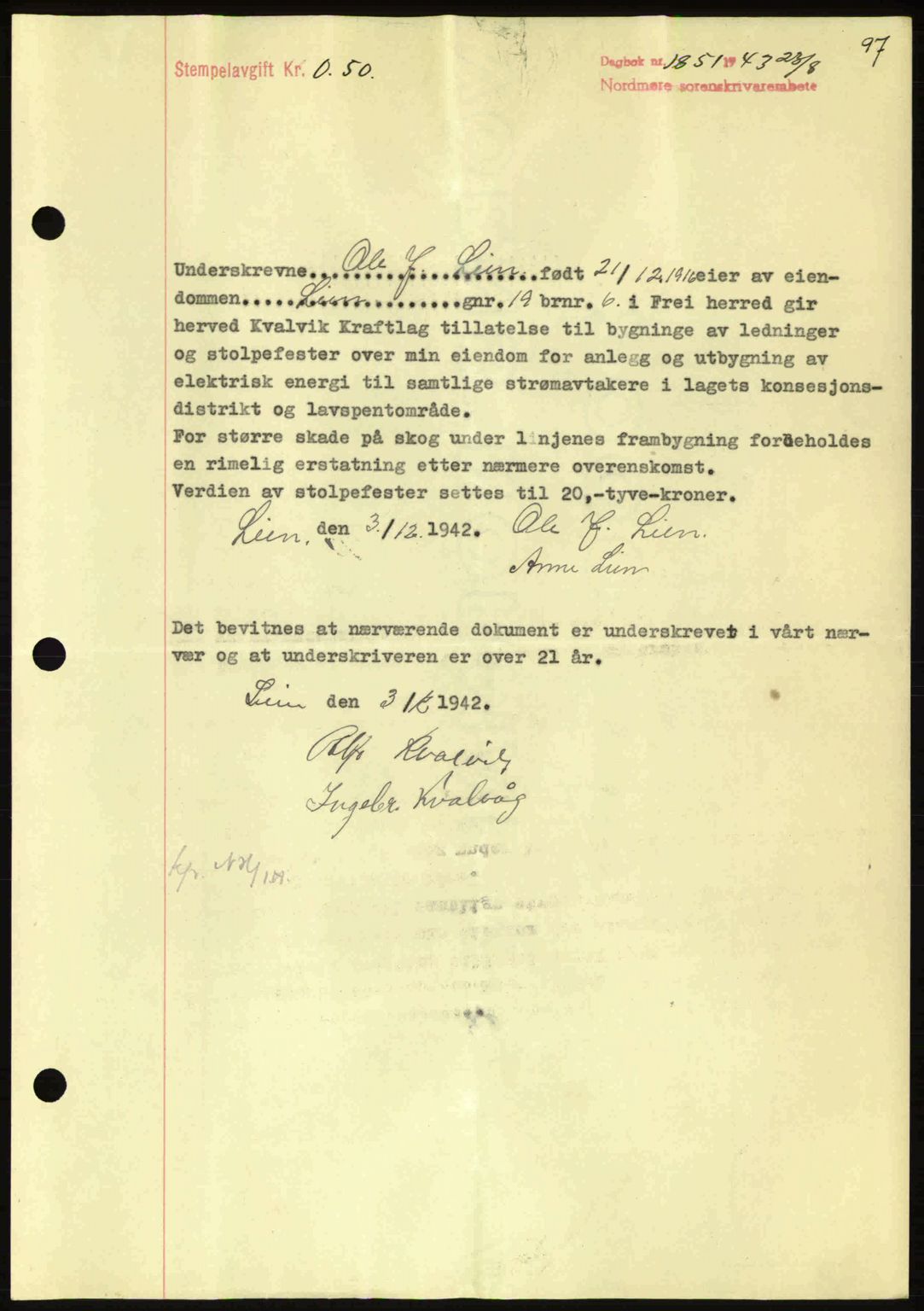 Nordmøre sorenskriveri, AV/SAT-A-4132/1/2/2Ca: Mortgage book no. B91, 1943-1944, Diary no: : 1851/1943