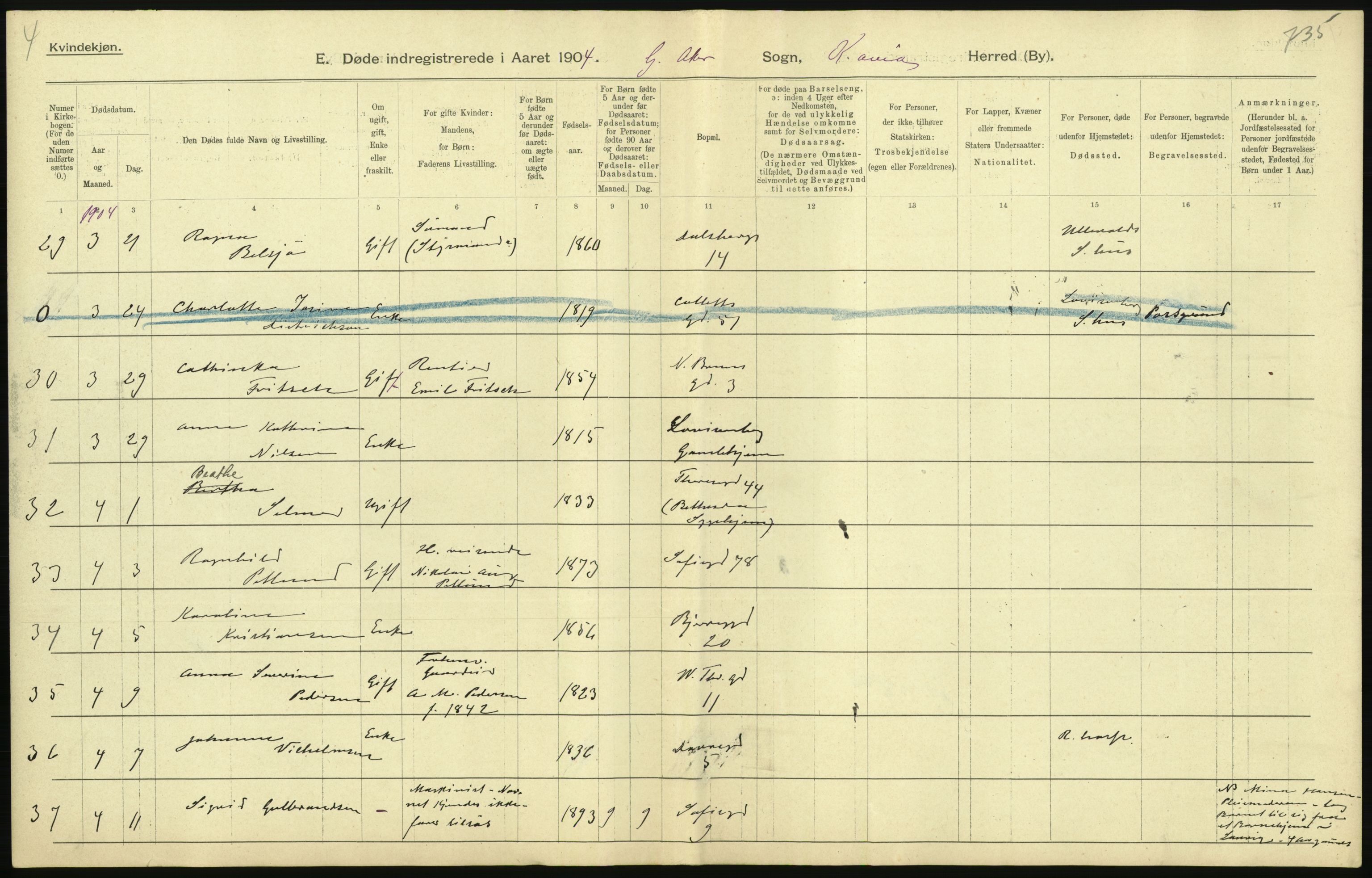 Statistisk sentralbyrå, Sosiodemografiske emner, Befolkning, AV/RA-S-2228/D/Df/Dfa/Dfab/L0004: Kristiania: Gifte, døde, 1904, p. 375