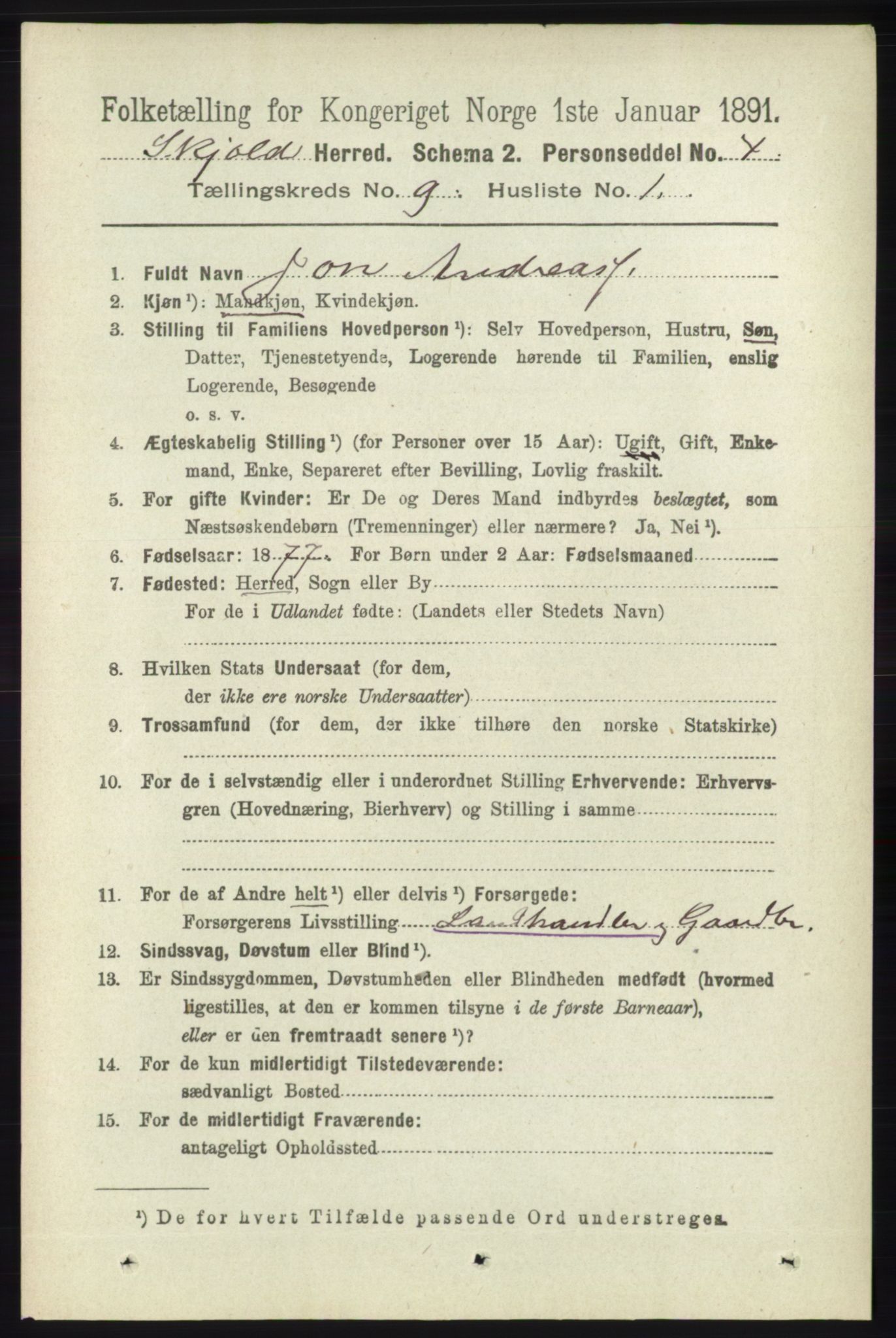 RA, 1891 census for 1154 Skjold, 1891, p. 1786