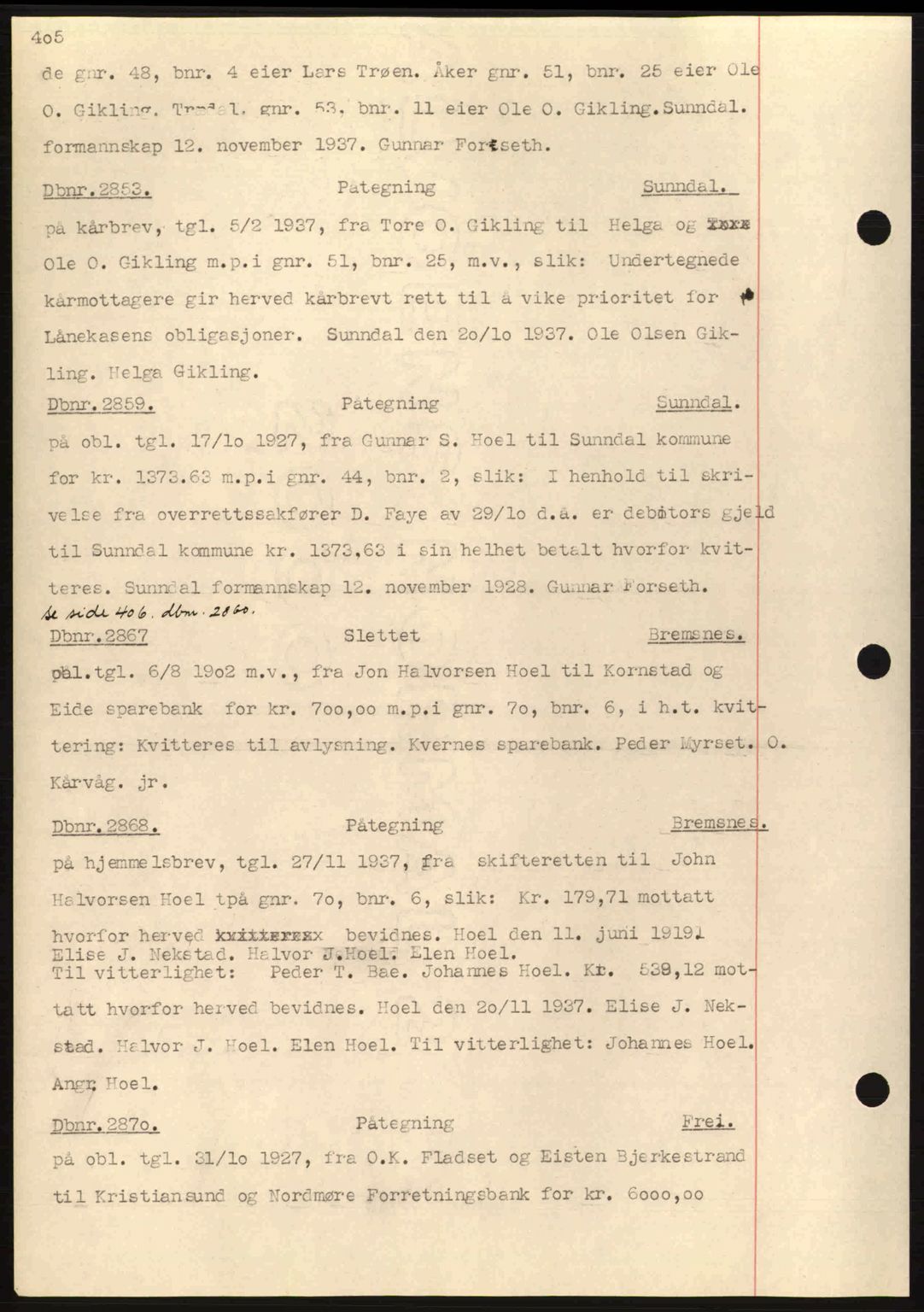 Nordmøre sorenskriveri, AV/SAT-A-4132/1/2/2Ca: Mortgage book no. C80, 1936-1939, Diary no: : 2853/1937