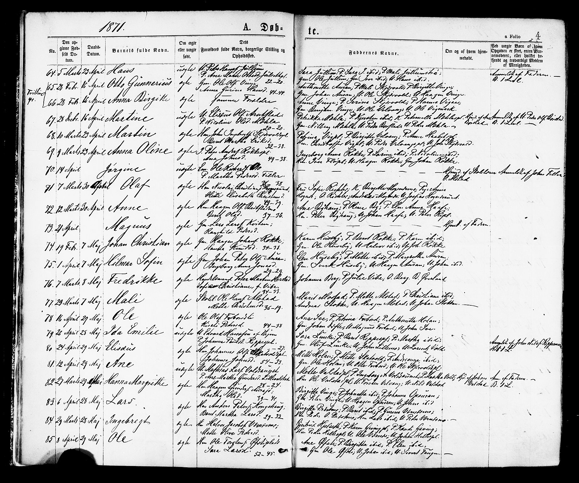 Ministerialprotokoller, klokkerbøker og fødselsregistre - Nord-Trøndelag, SAT/A-1458/709/L0076: Parish register (official) no. 709A16, 1871-1879, p. 4