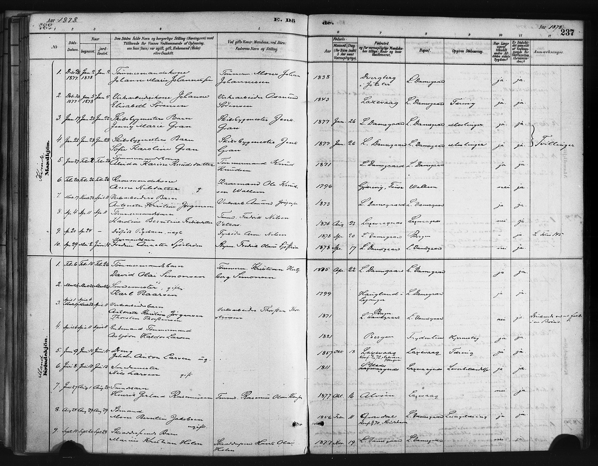 Askøy Sokneprestembete, SAB/A-74101/H/Ha/Haa/Haae/L0002: Parish register (official) no. E 2, 1878-1891, p. 237