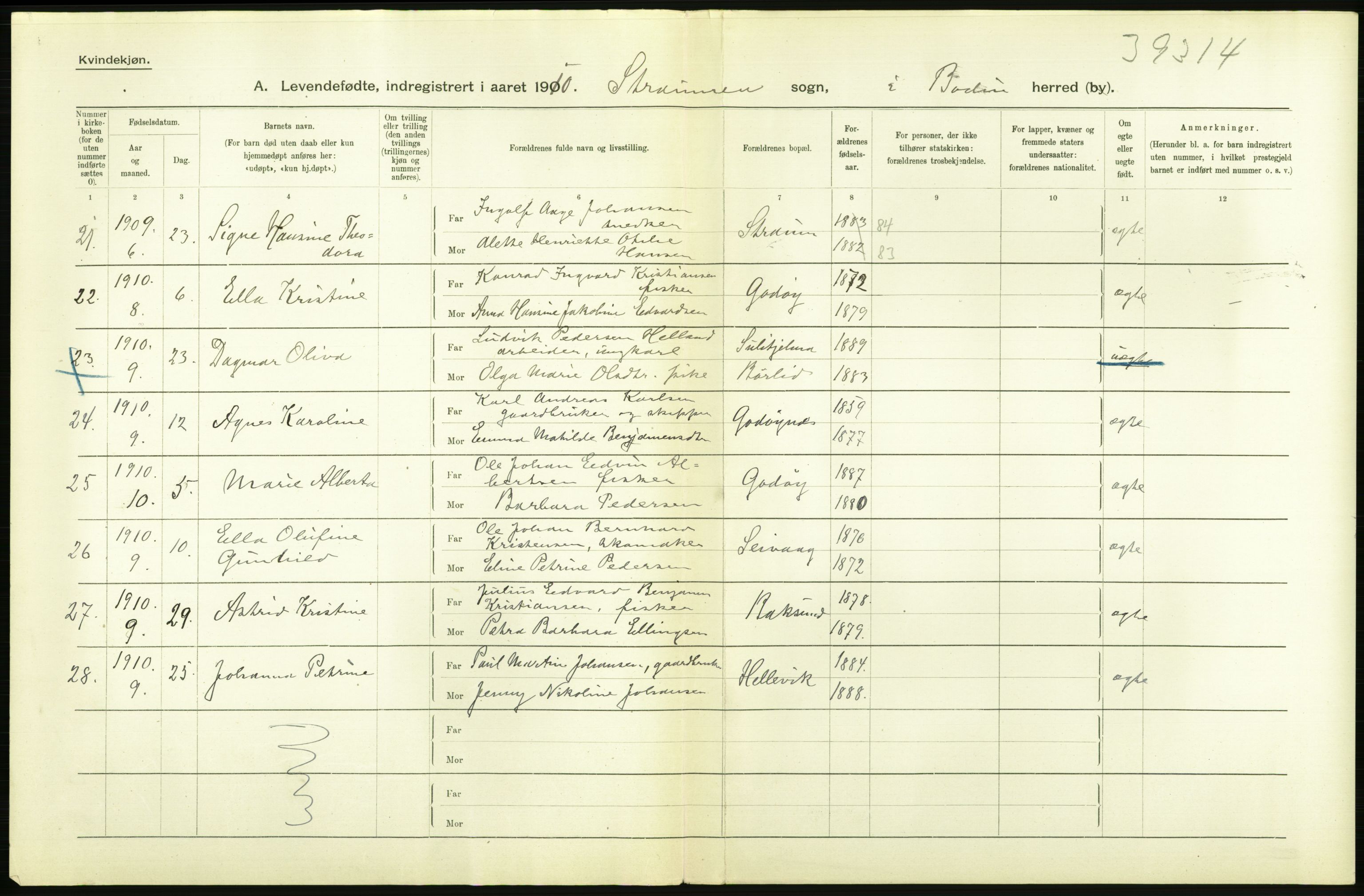 Statistisk sentralbyrå, Sosiodemografiske emner, Befolkning, AV/RA-S-2228/D/Df/Dfa/Dfah/L0040: Nordlands amt: Levendefødte menn og kvinner. Bygder., 1910, p. 32