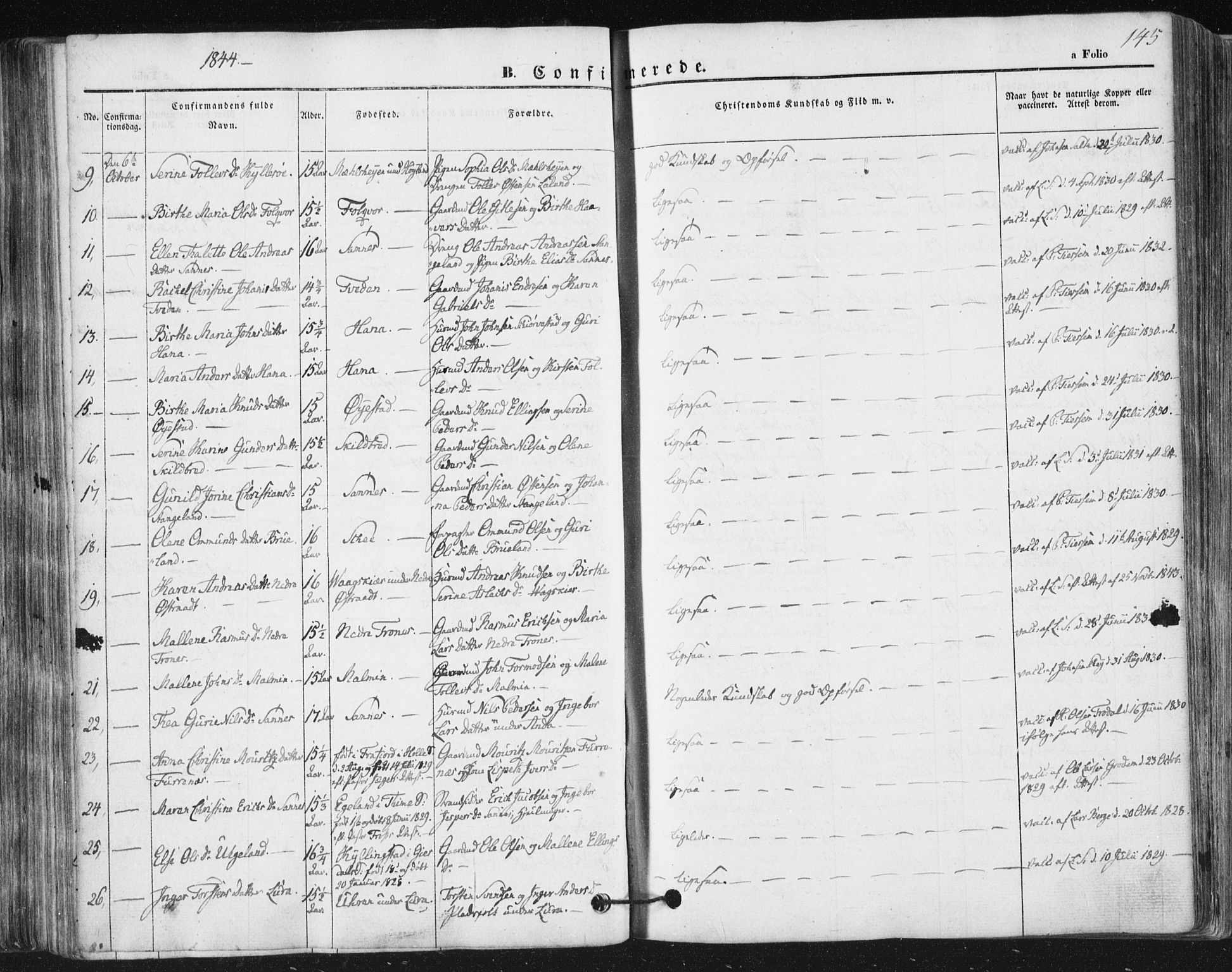 Høyland sokneprestkontor, SAST/A-101799/001/30BA/L0008: Parish register (official) no. A 8, 1841-1856, p. 145