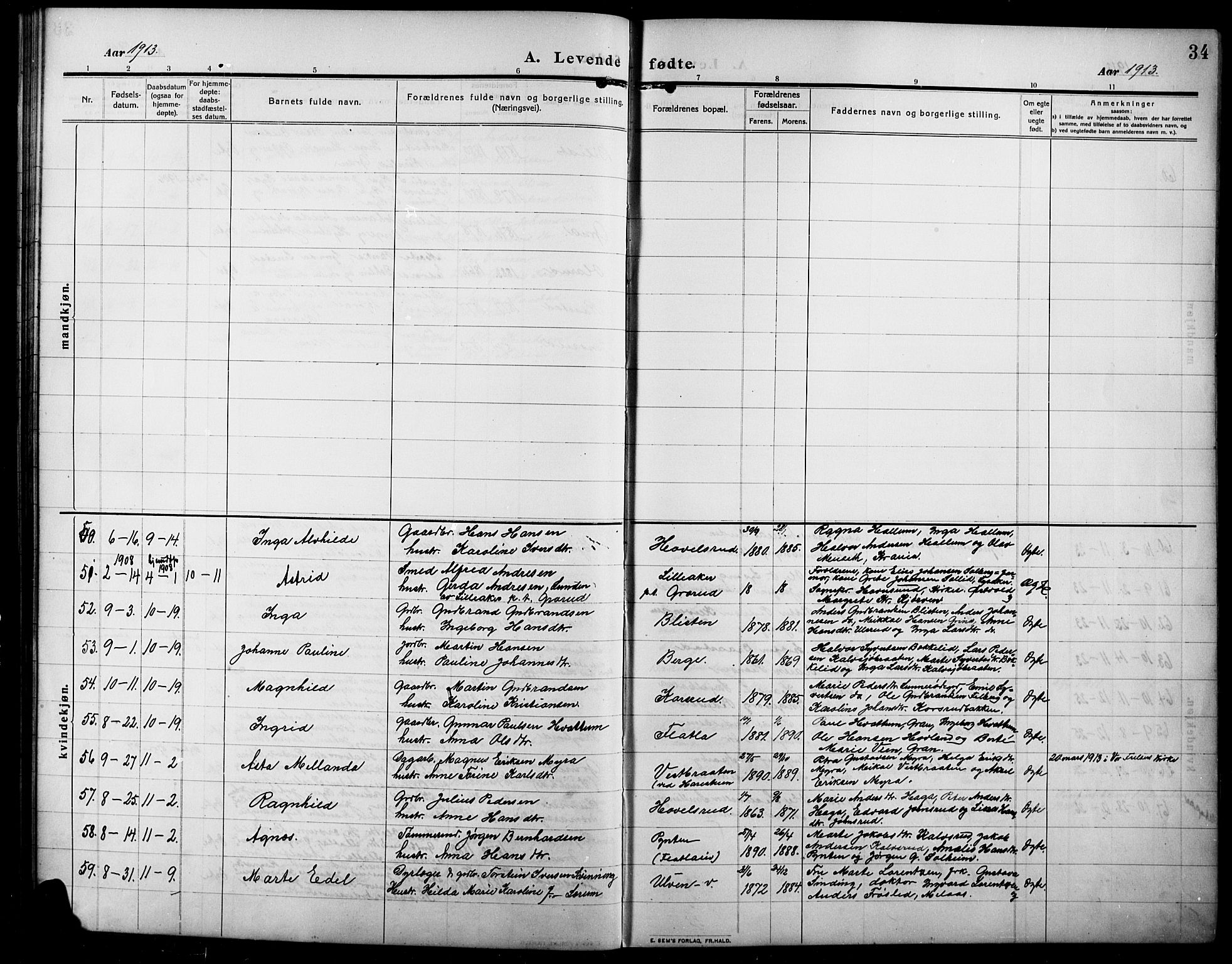 Lunner prestekontor, AV/SAH-PREST-118/H/Ha/Hab/L0001: Parish register (copy) no. 1, 1909-1922, p. 34