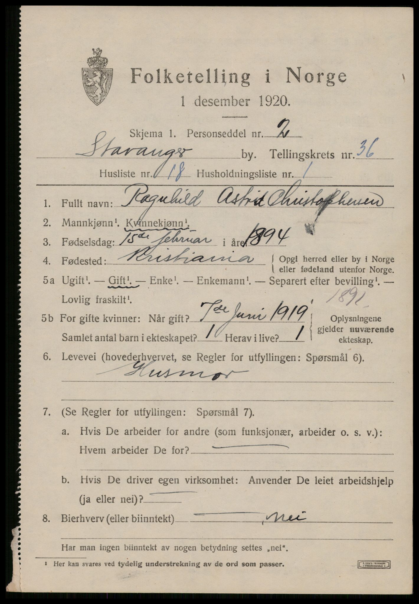 SAST, 1920 census for Stavanger, 1920, p. 95958