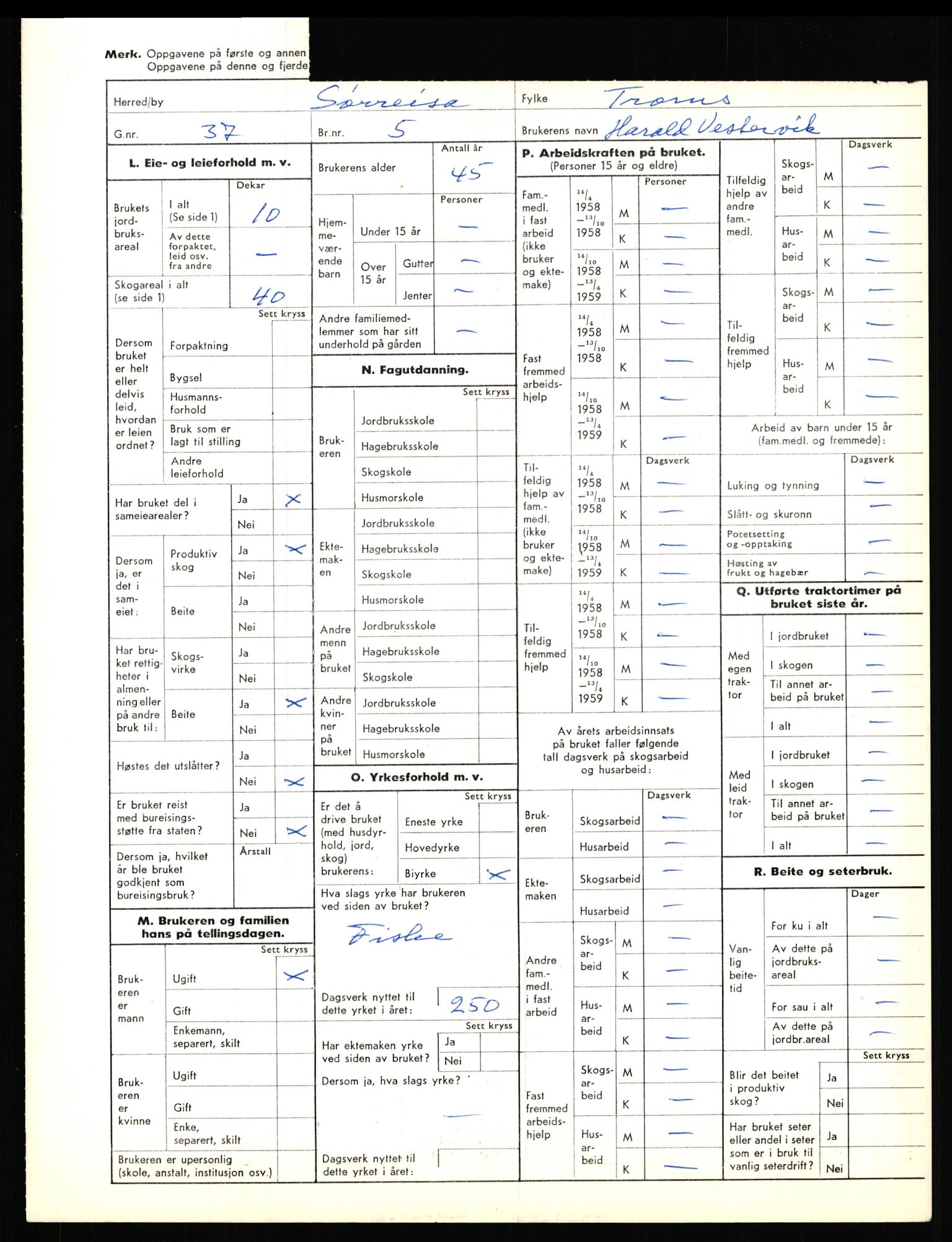 Statistisk sentralbyrå, Næringsøkonomiske emner, Jordbruk, skogbruk, jakt, fiske og fangst, AV/RA-S-2234/G/Gd/L0656: Troms: 1924 Målselv (kl. 0-3) og 1925 Sørreisa, 1959, p. 1409