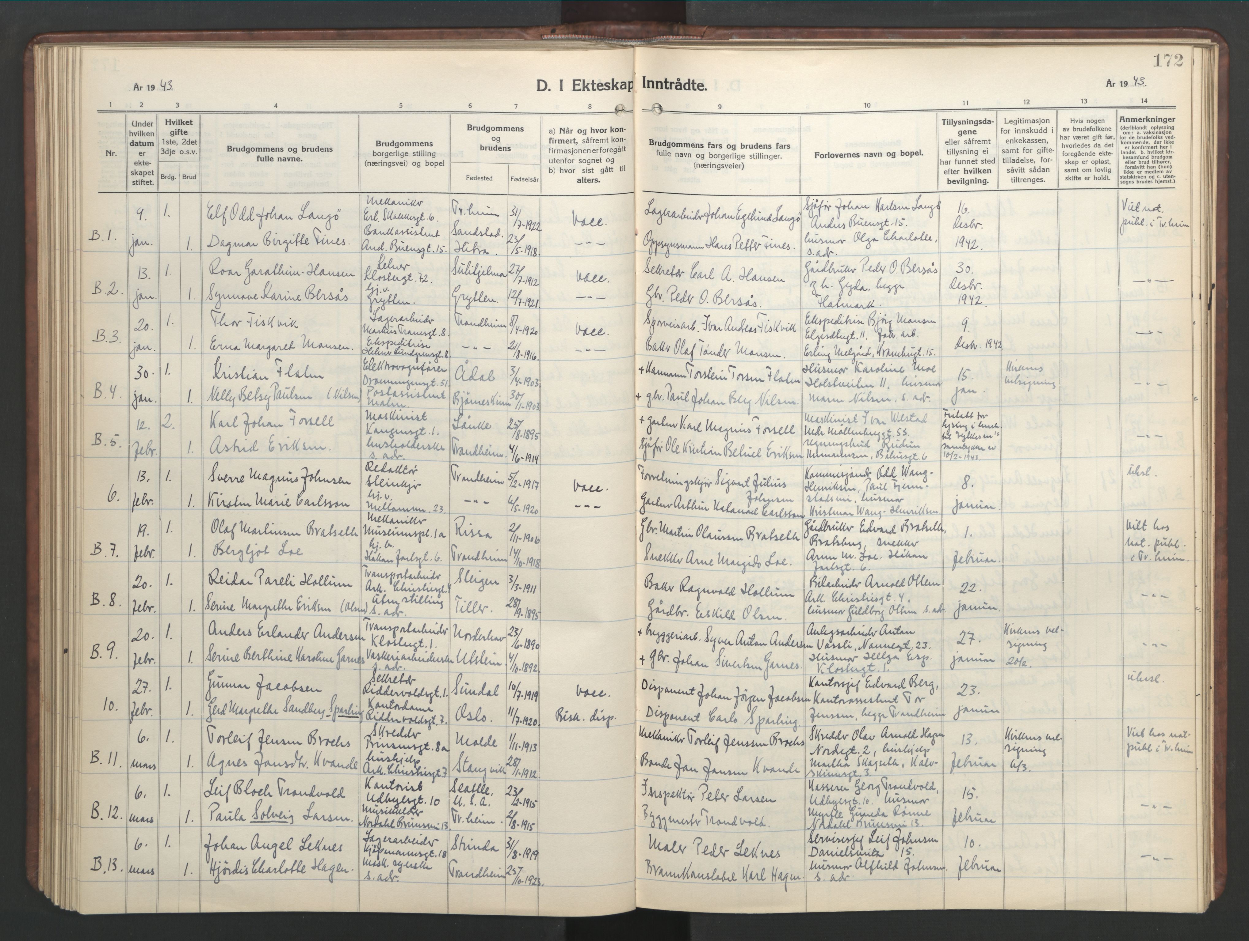 Ministerialprotokoller, klokkerbøker og fødselsregistre - Sør-Trøndelag, SAT/A-1456/601/L0101: Parish register (copy) no. 601C19, 1935-1946, p. 172