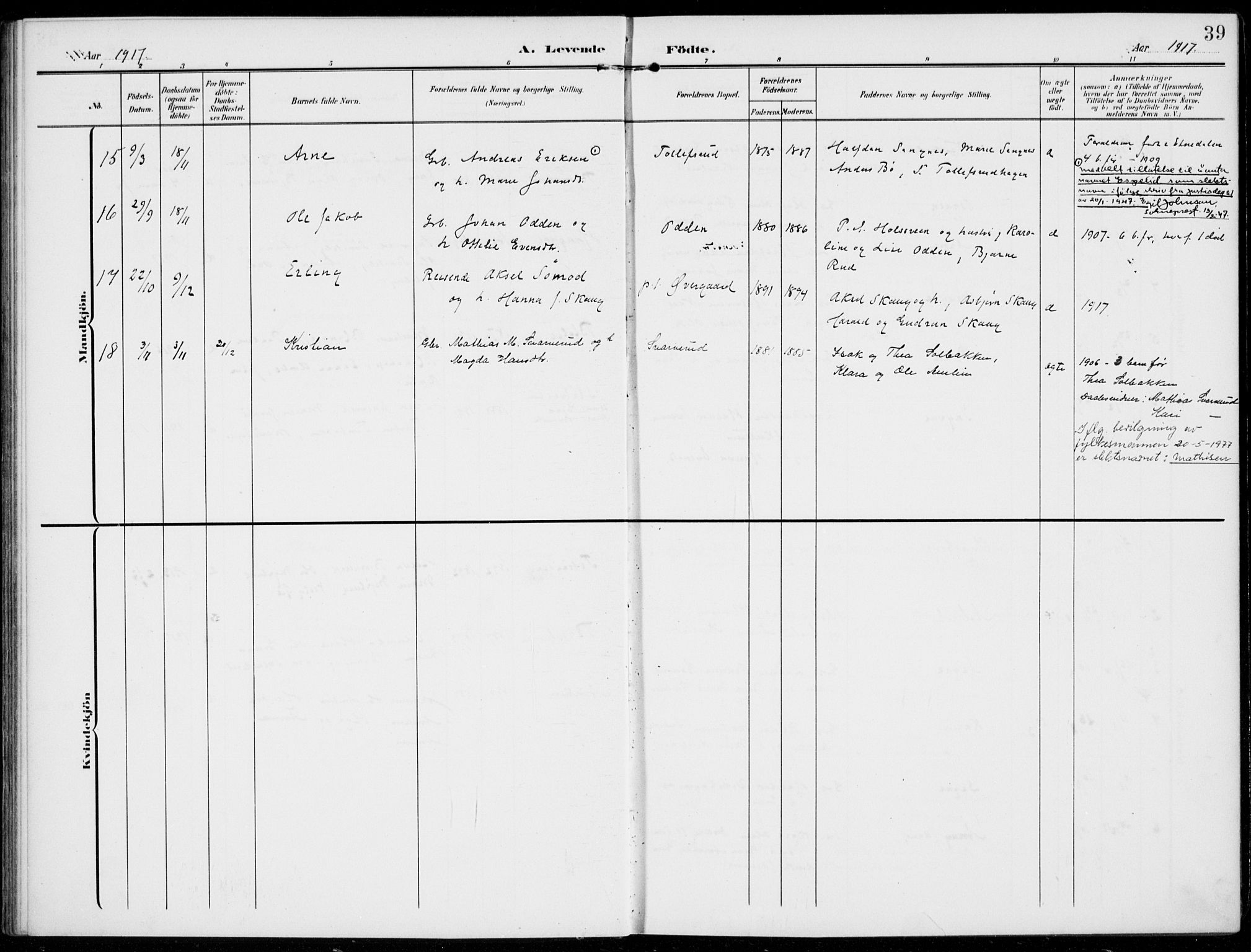 Kolbu prestekontor, SAH/PREST-110/H/Ha/Haa/L0001: Parish register (official) no. 1, 1907-1923, p. 39