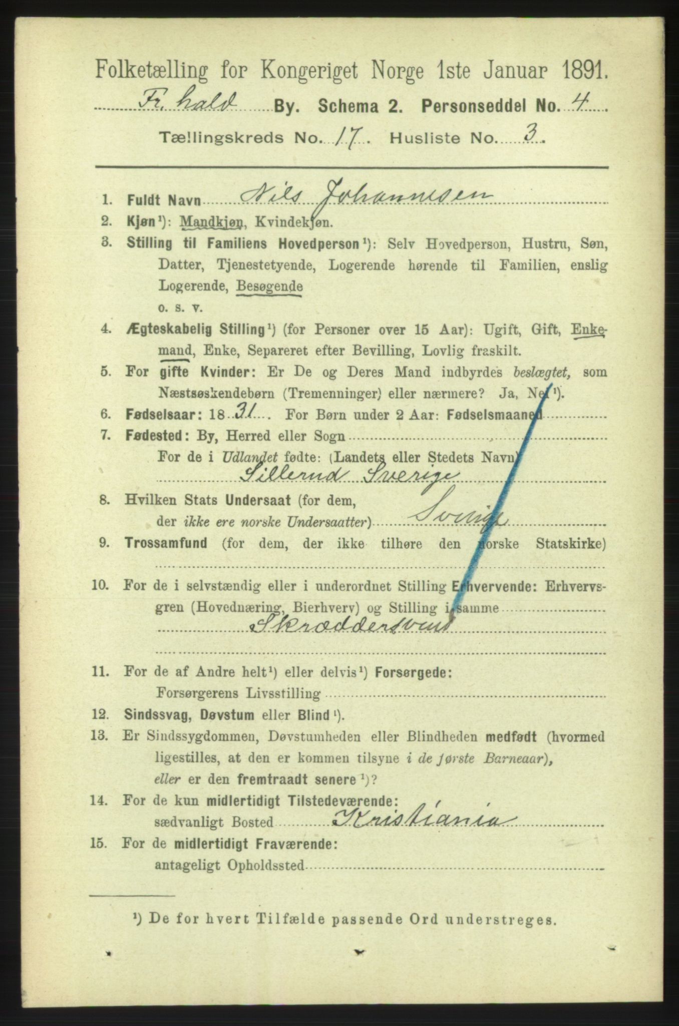 RA, 1891 census for 0101 Fredrikshald, 1891, p. 10878