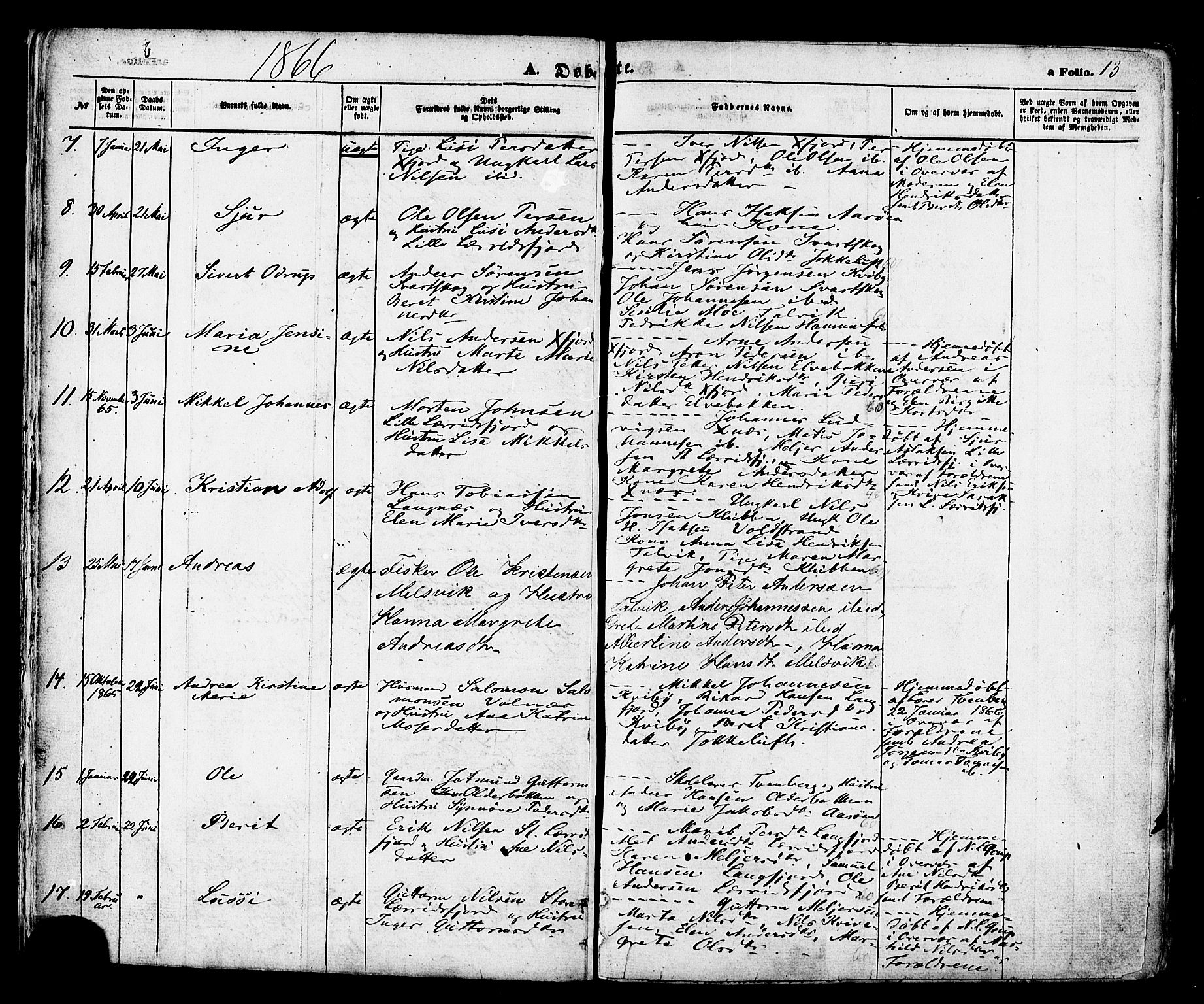 Talvik sokneprestkontor, SATØ/S-1337/H/Ha/L0011kirke: Parish register (official) no. 11, 1864-1877, p. 13