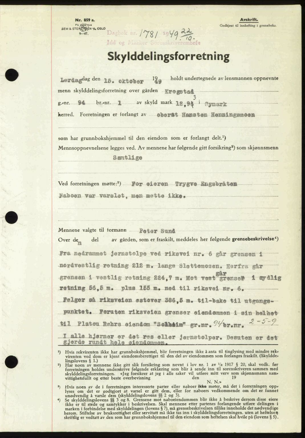 Idd og Marker sorenskriveri, AV/SAO-A-10283/G/Gb/Gbb/L0013: Mortgage book no. A13, 1949-1950, Diary no: : 1781/1949