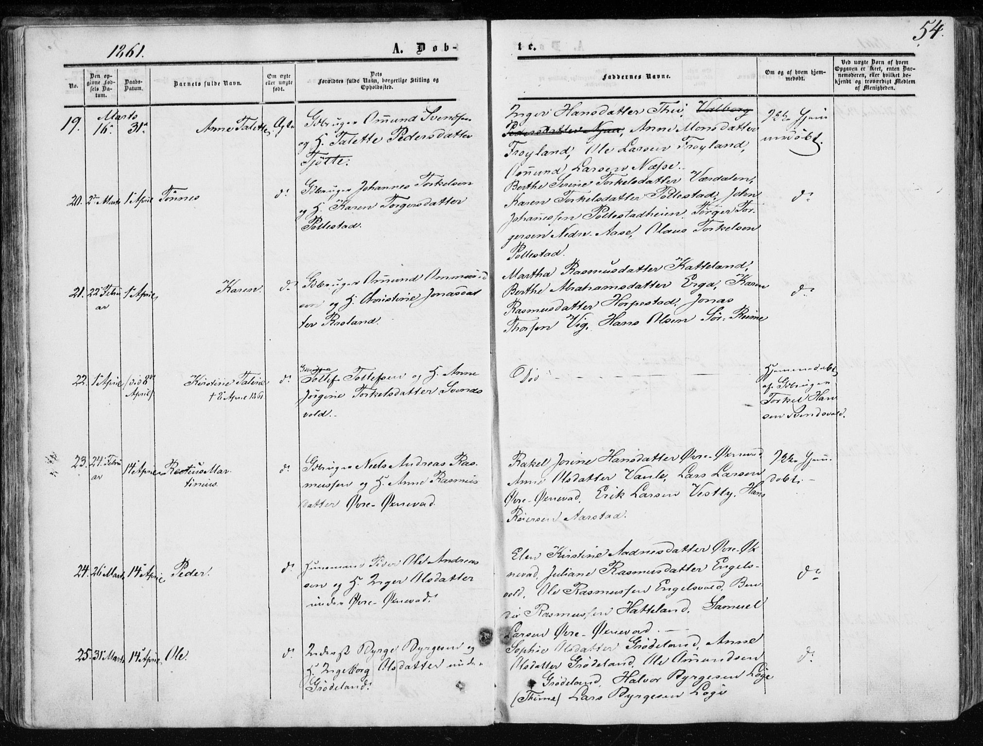 Klepp sokneprestkontor, AV/SAST-A-101803/001/3/30BA/L0005: Parish register (official) no. A 5, 1853-1870, p. 54