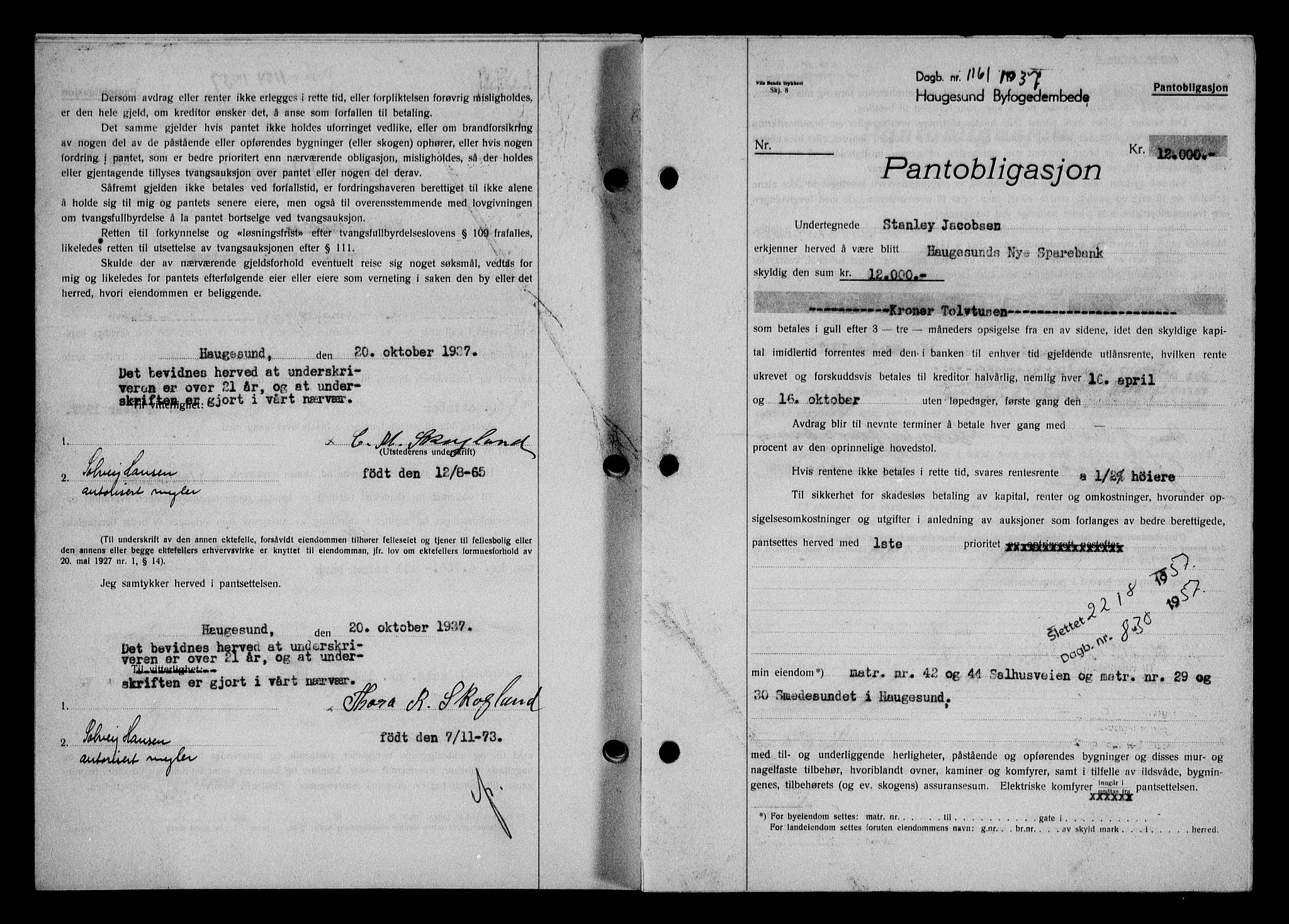 Haugesund tingrett, AV/SAST-A-101415/01/II/IIC/L0031: Mortgage book no. 31, 1936-1938, Diary no: : 1161/1937