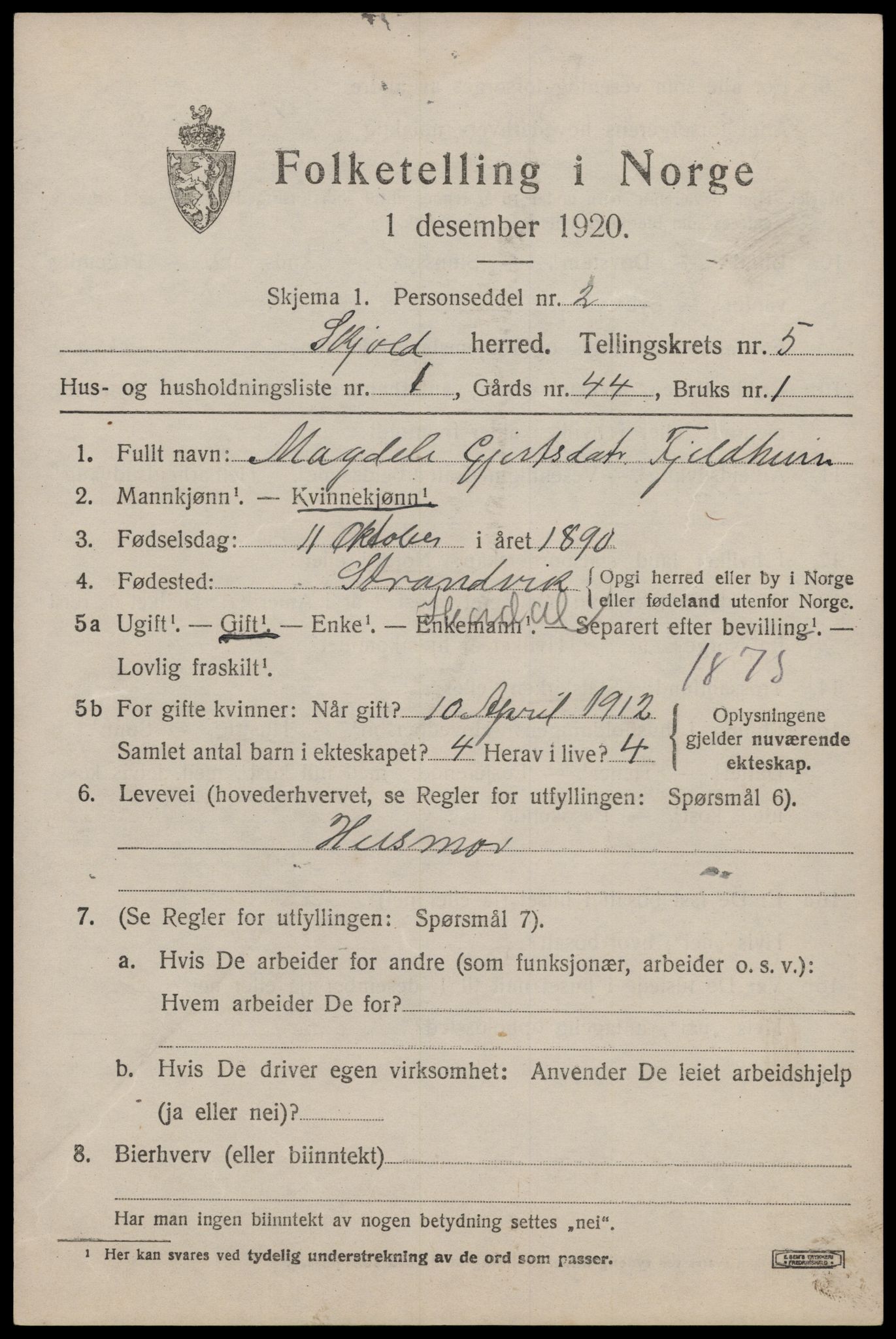 SAST, 1920 census for Skjold, 1920, p. 2686