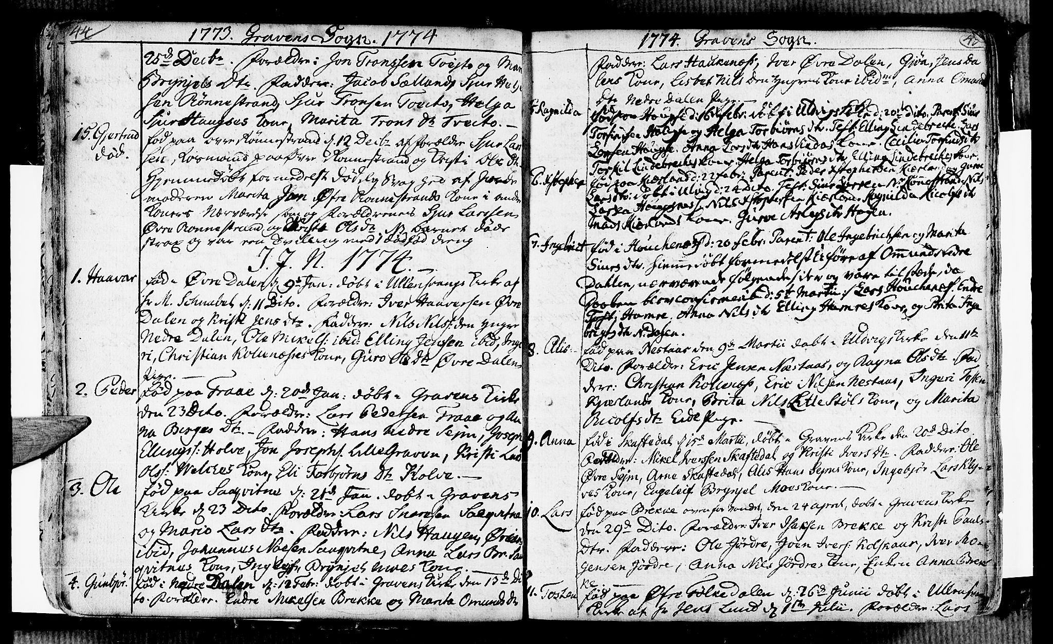 Ulvik sokneprestembete, SAB/A-78801/H/Haa: Parish register (official) no. A 7, 1761-1792, p. 44-45