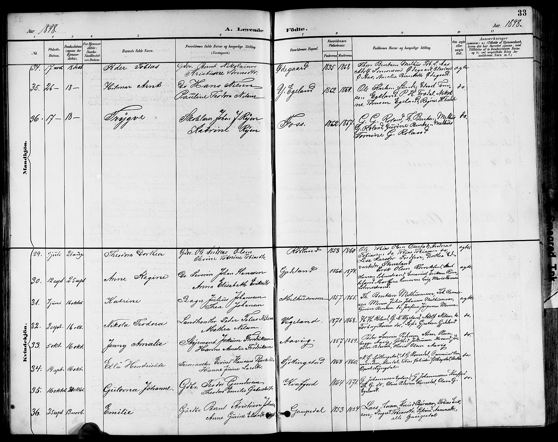 Sør-Audnedal sokneprestkontor, AV/SAK-1111-0039/F/Fb/Fbb/L0006: Parish register (copy) no. B 6, 1893-1915, p. 33