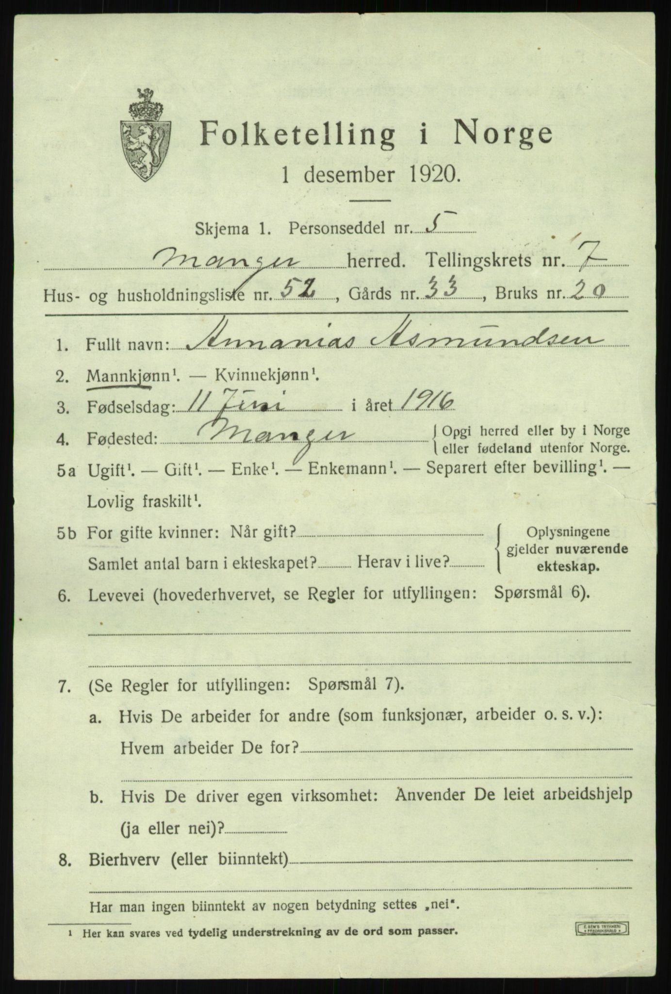 SAB, 1920 census for Manger, 1920, p. 5025