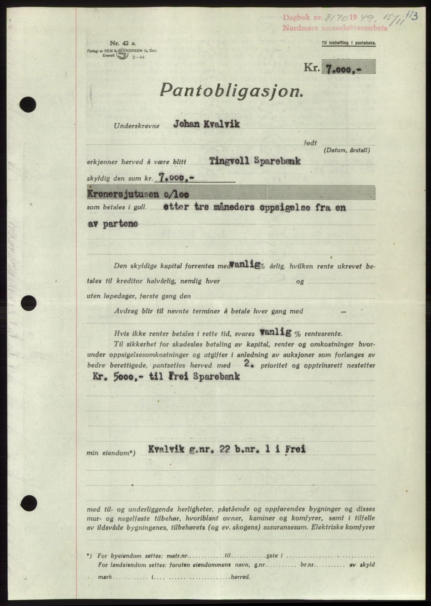 Nordmøre sorenskriveri, AV/SAT-A-4132/1/2/2Ca: Mortgage book no. B103, 1949-1950, Diary no: : 3170/1949