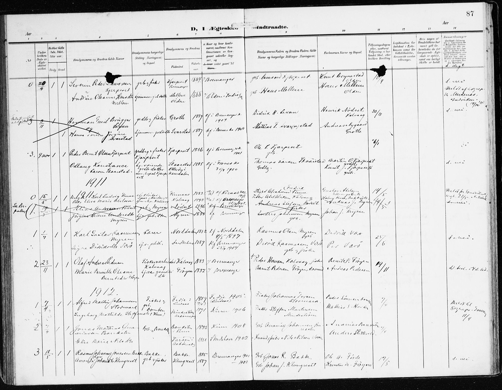 Bremanger sokneprestembete, AV/SAB-A-82201/H/Haa/Haab/L0003: Parish register (official) no. B 3, 1908-1925, p. 87