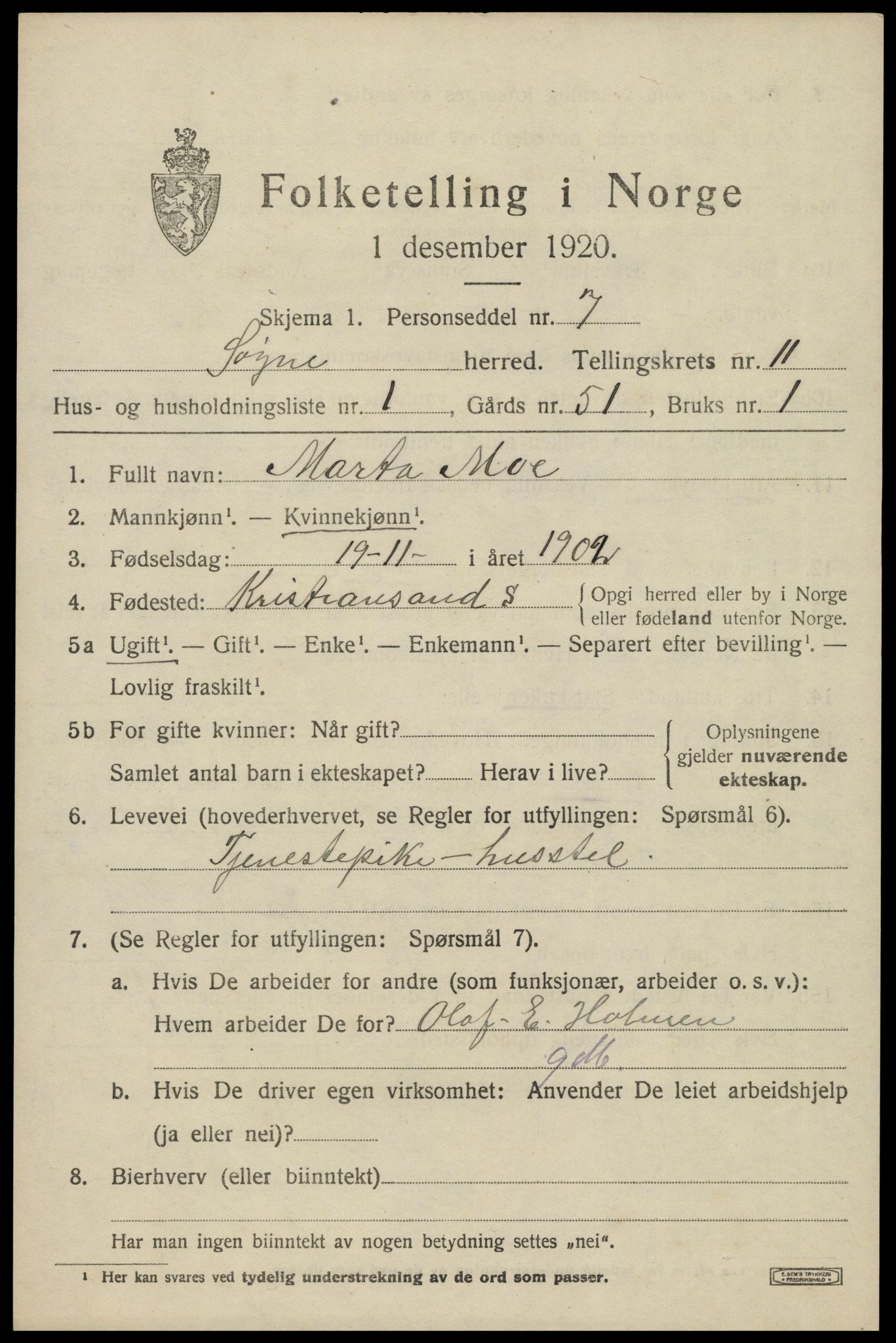 SAK, 1920 census for Søgne, 1920, p. 5611