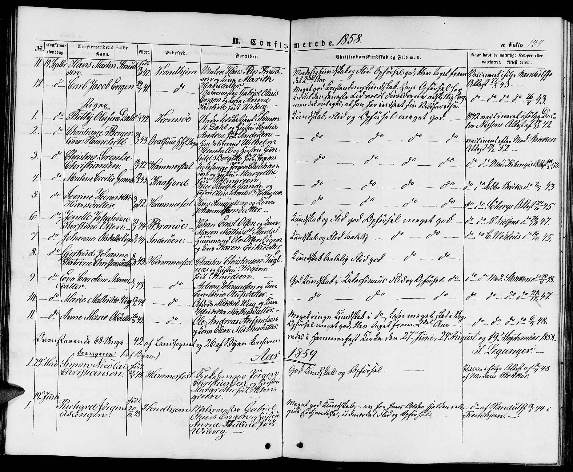 Hammerfest sokneprestkontor, AV/SATØ-S-1347/H/Hb/L0002.klokk: Parish register (copy) no. 2, 1851-1861, p. 134