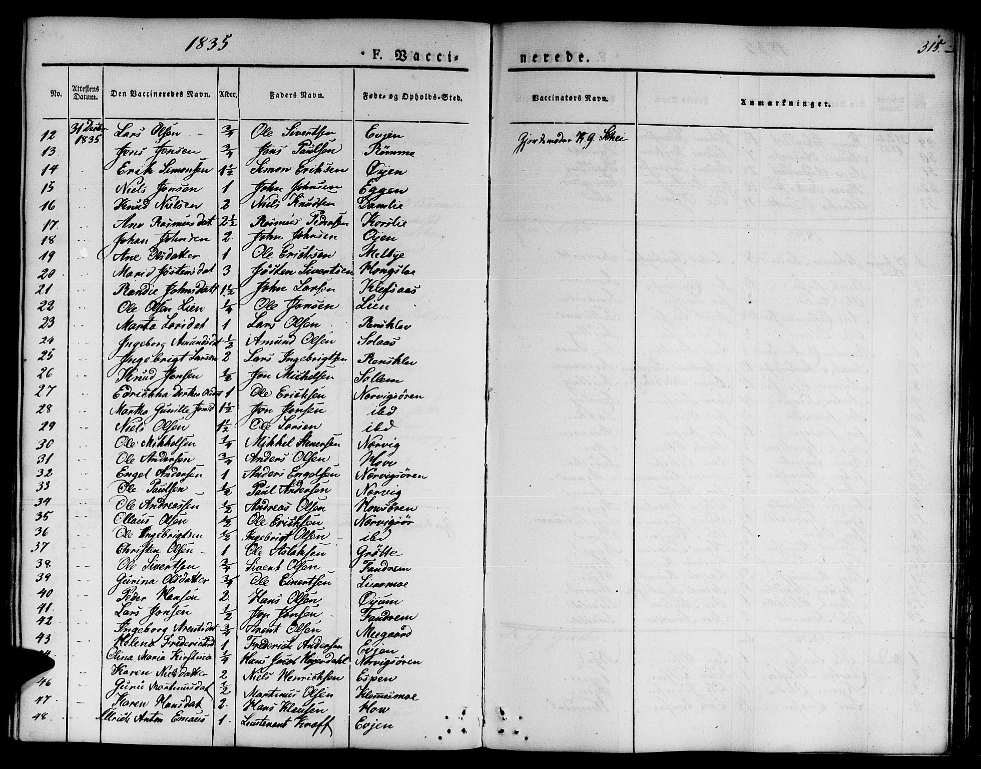 Ministerialprotokoller, klokkerbøker og fødselsregistre - Sør-Trøndelag, SAT/A-1456/668/L0804: Parish register (official) no. 668A04, 1826-1839, p. 315