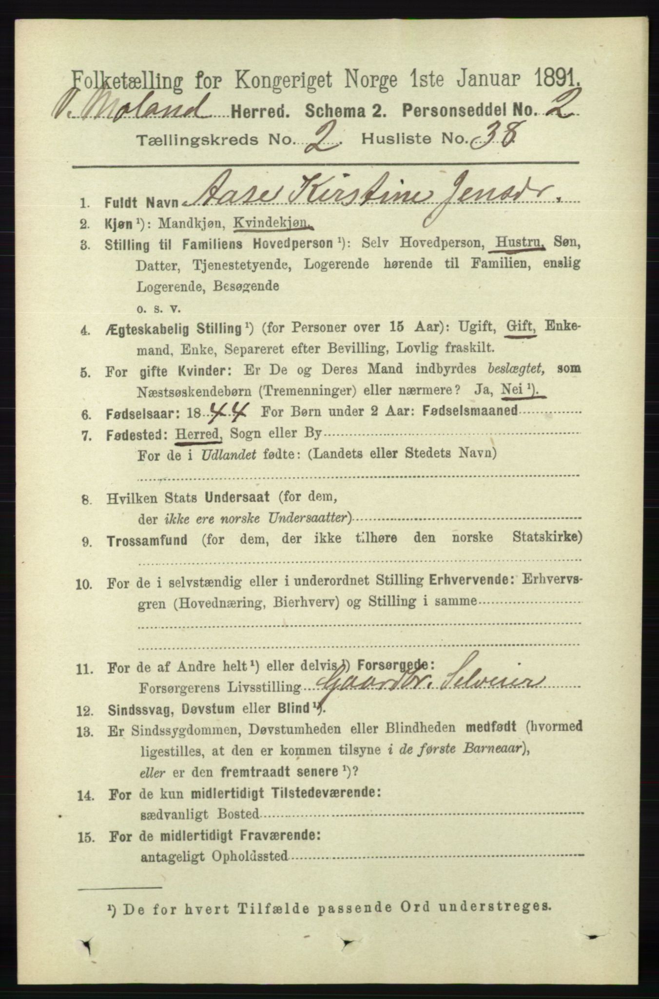 RA, 1891 census for 0926 Vestre Moland, 1891, p. 809