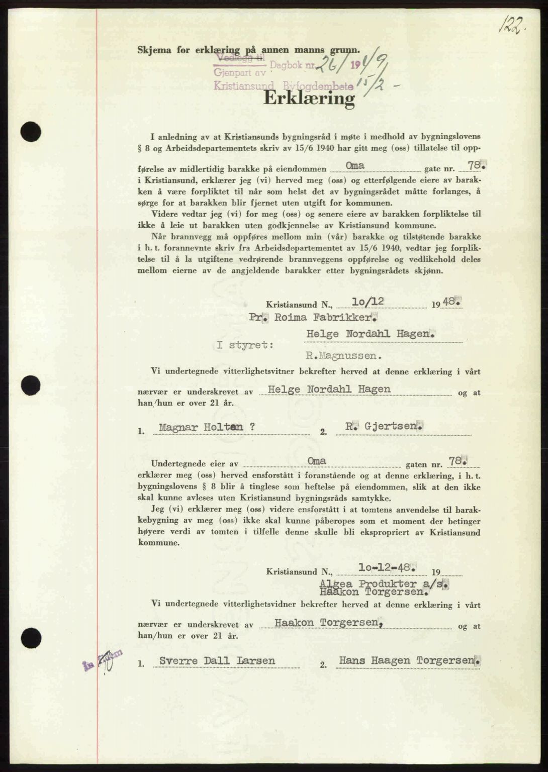 Kristiansund byfogd, AV/SAT-A-4587/A/27: Mortgage book no. 45, 1948-1949, Diary no: : 261/1949