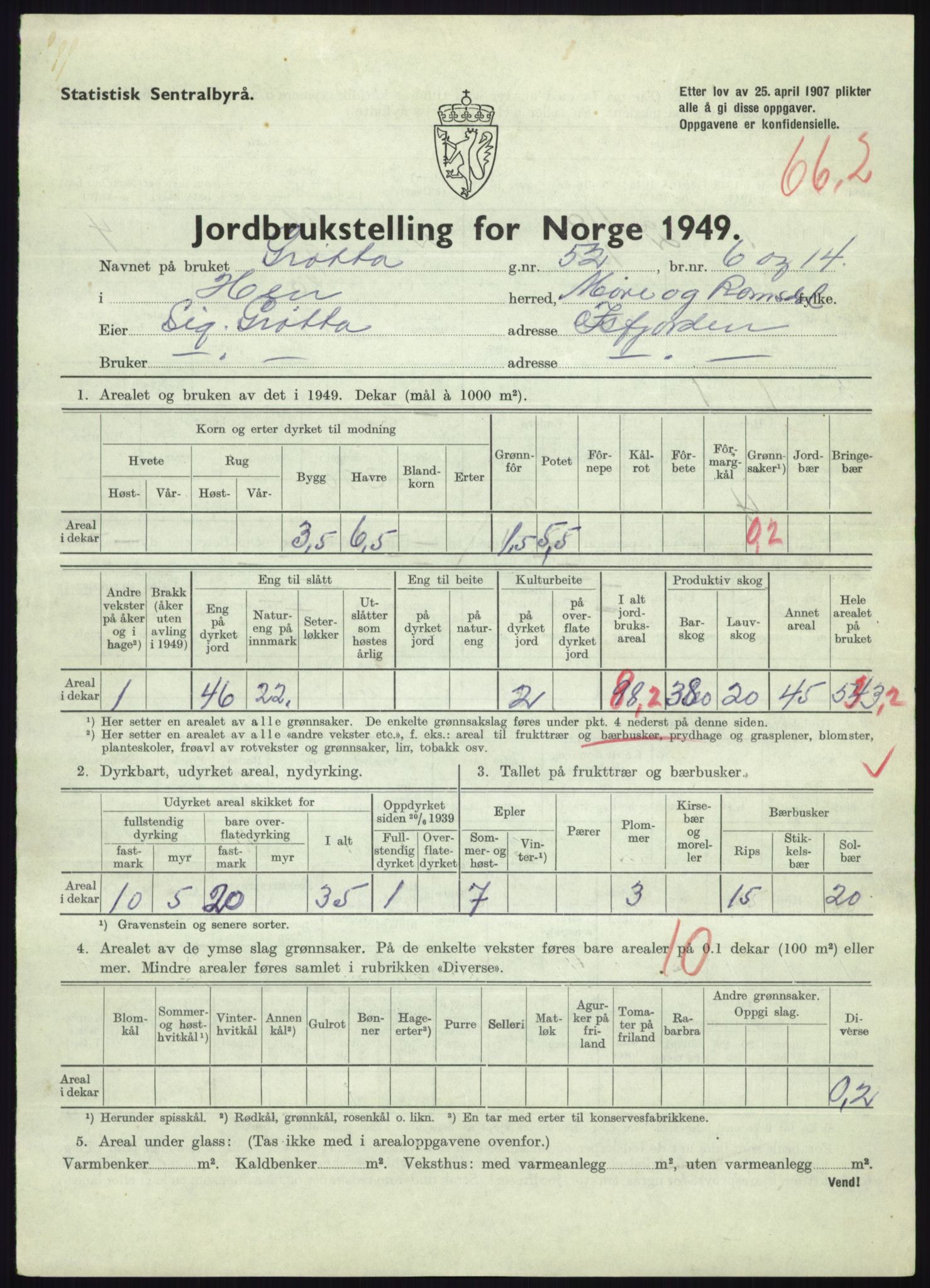 Statistisk sentralbyrå, Næringsøkonomiske emner, Jordbruk, skogbruk, jakt, fiske og fangst, AV/RA-S-2234/G/Gc/L0323: Møre og Romsdal: Grytten og Hen, 1949, p. 843