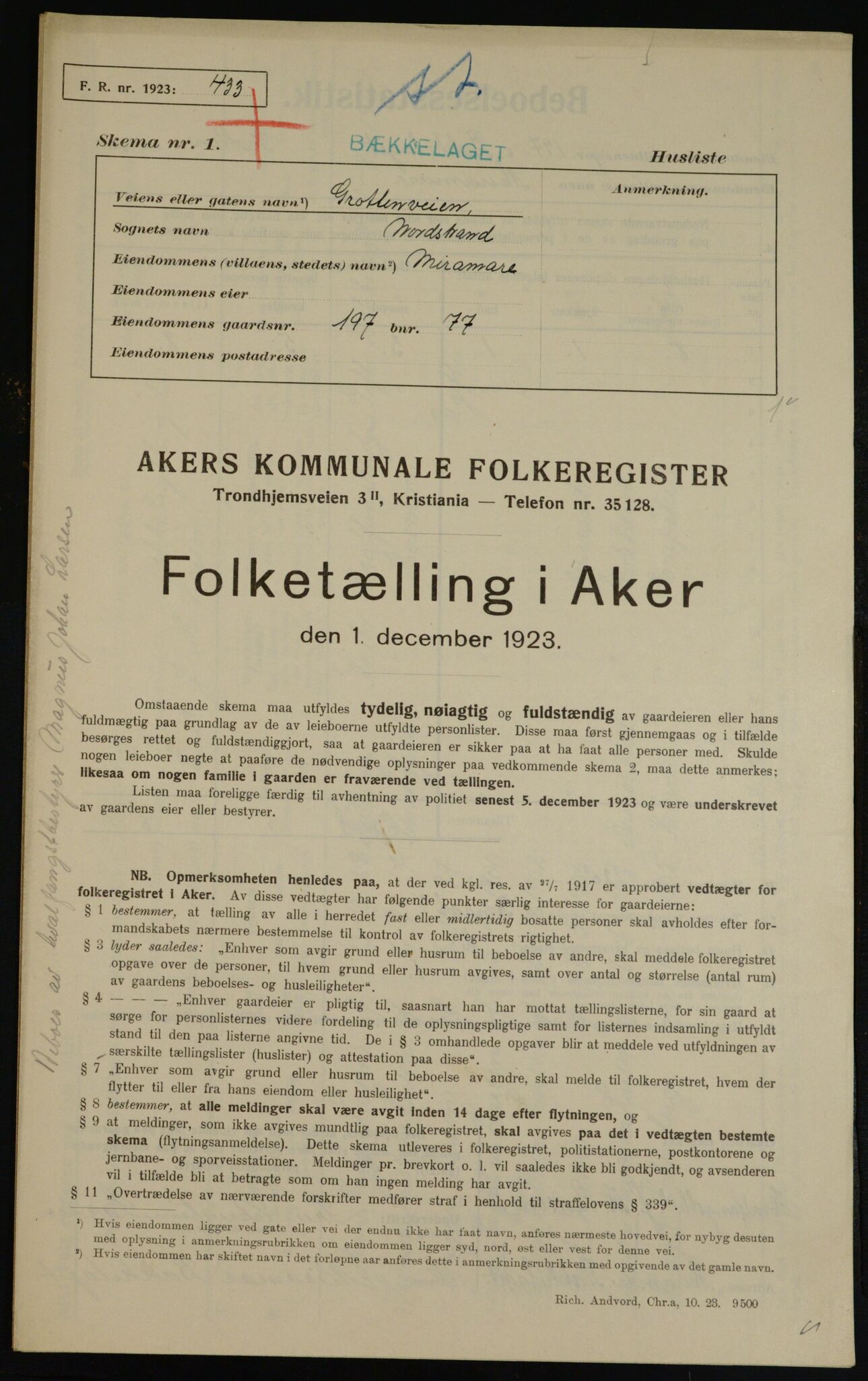 , Municipal Census 1923 for Aker, 1923, p. 39223