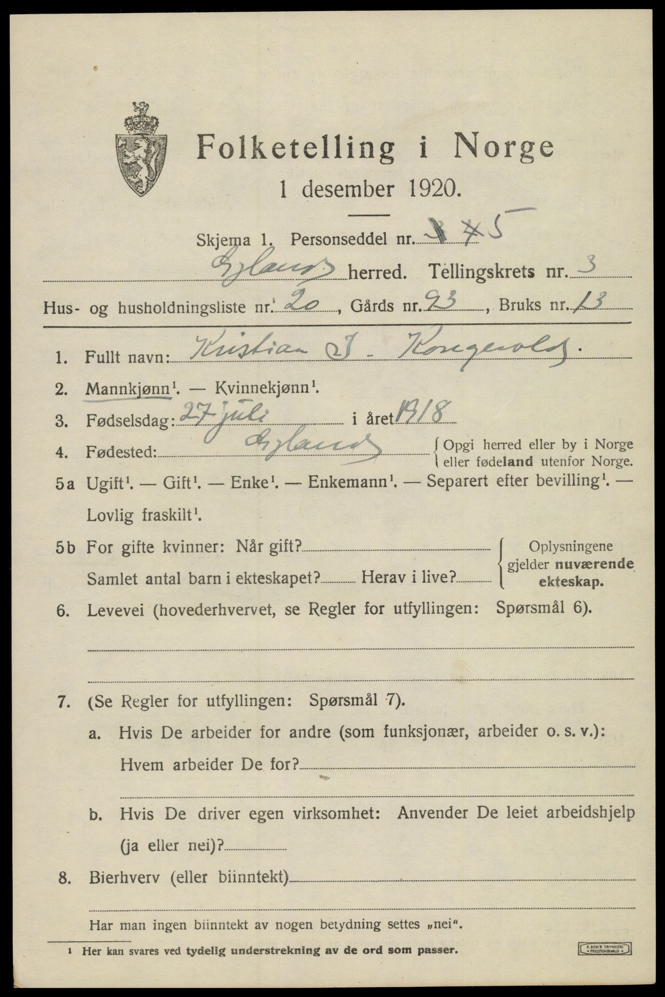 SAK, 1920 census for Gyland, 1920, p. 998